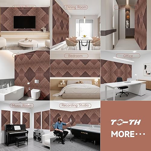 Miniatura 8 de TO-TH Paneles acústicos para pared y techo, paquete de 6 paneles de pared decorativos autoadhesivos de impresión UV 3D con aspecto de madera,
