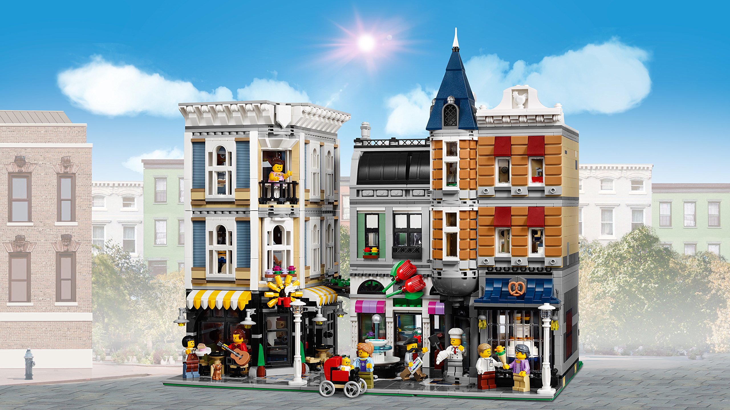 LEGO 10255 miejskie życie duży zestaw do budowania dla nastolatków i dorosłych, zestaw do budowy modułowej