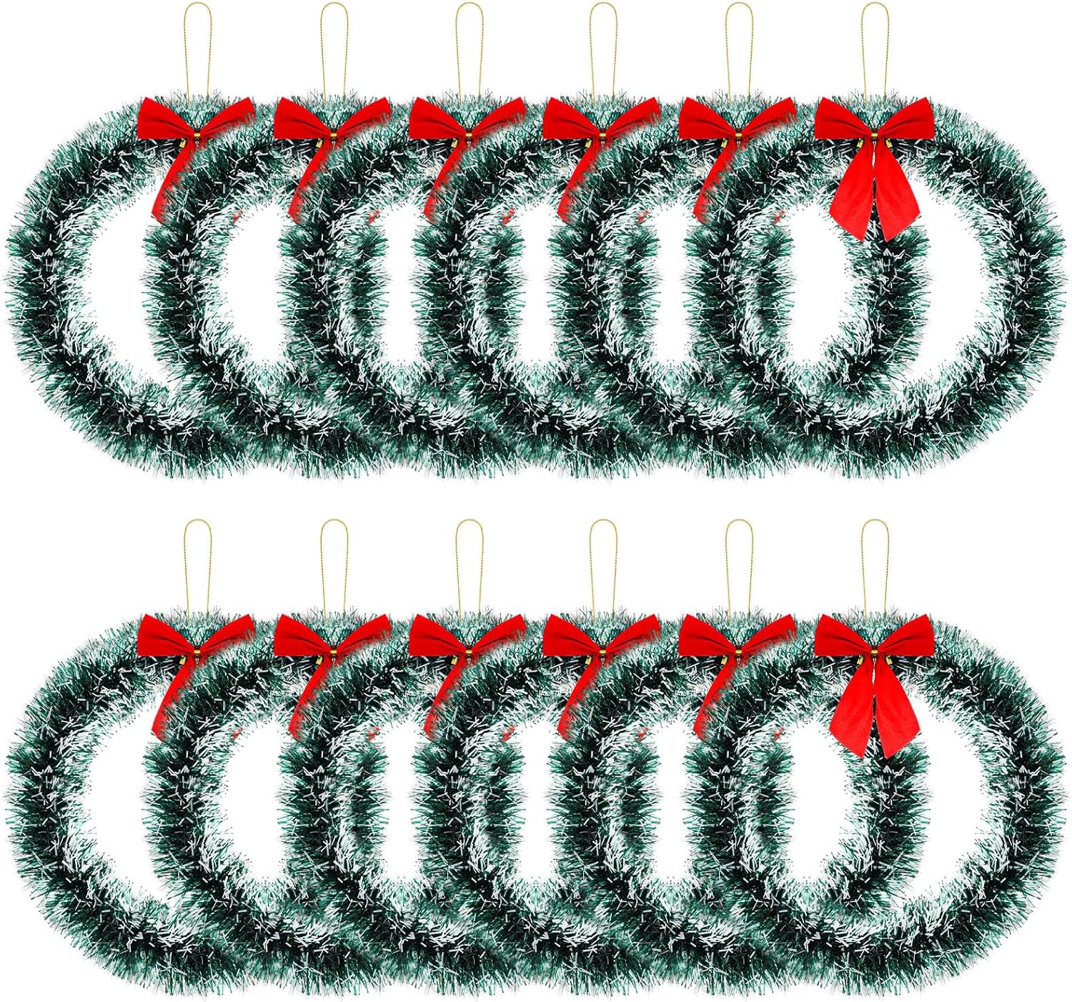 24 Pcs 12 Inch Christmas Wreath with Red Bow Bulk Artificial Christmas Garland Creative Winter Decoration Christmas Tree Hanging Ornaments for Window Front Door Kitchen Shop Indoor Outdoor