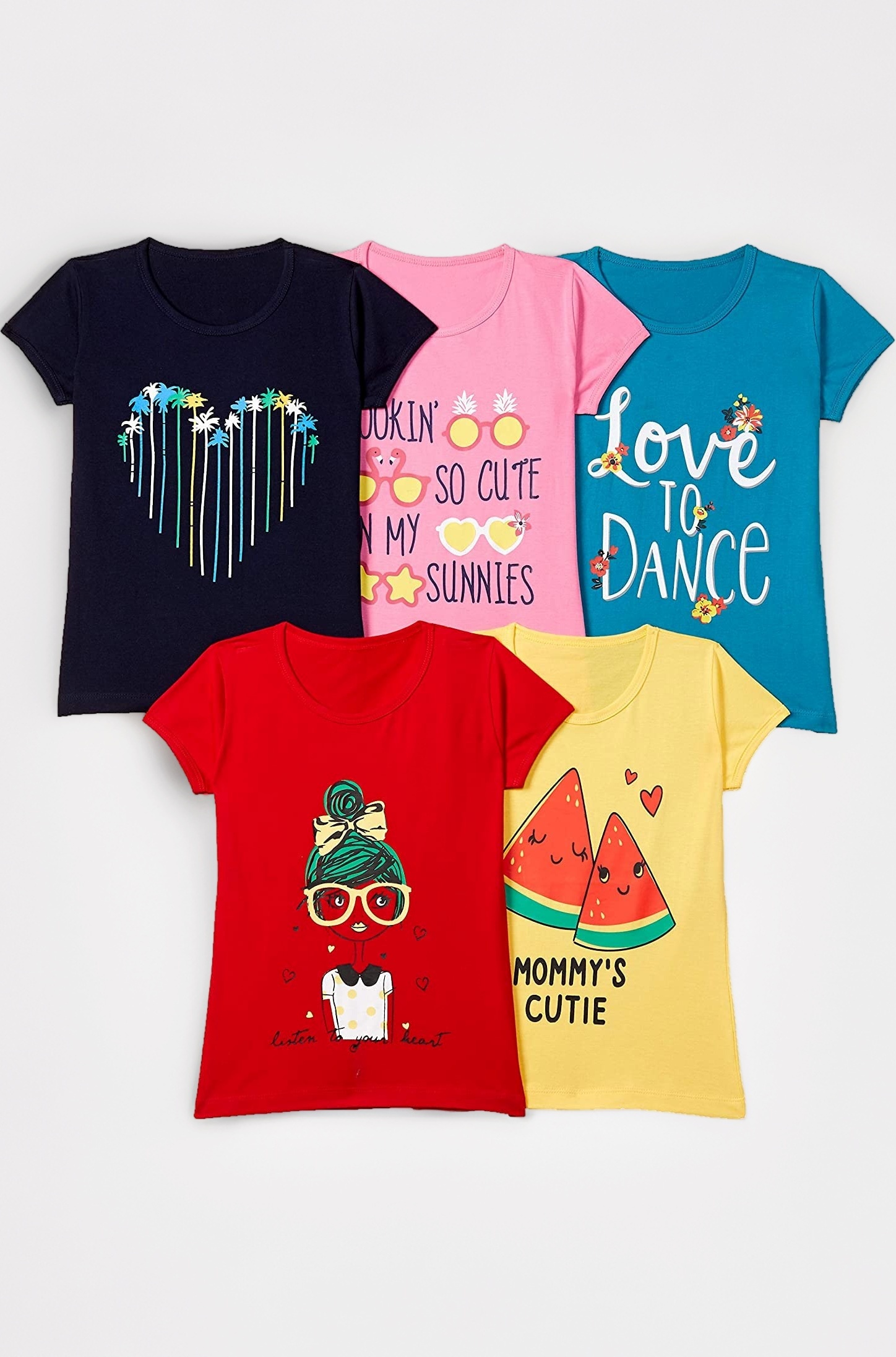 T2F Girls Cotton Printed Regular Fit T-Shirt (Pack of 5)
