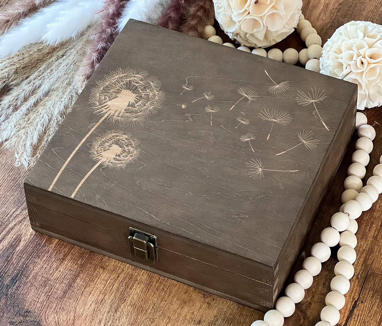 Dandelions Wooden Box Flowers Gift For Her Best Friend Gif, Spring Boxes Keepsake Box Anniversary Memory Box Engraved Box 8.5 x 8 x 2.5 in. Dark Walnut