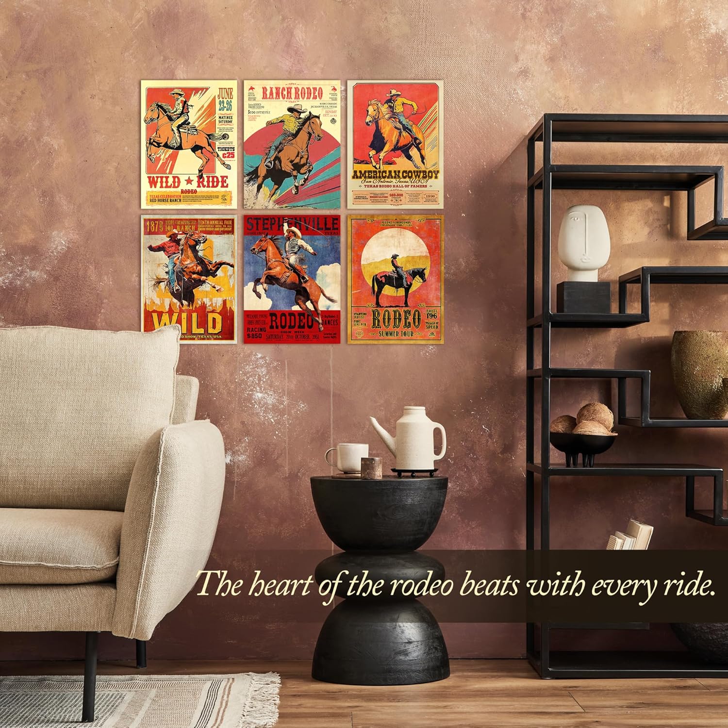 Wallbuddy Rodeo Cowboy Set of 6 Posters | Western Wall Art Prints Rustic Ranch Wild West Horse Riding Artwork | Retro Country Barn Farmhouse Americana Decor for Office Bars Man Caves (12x16)
