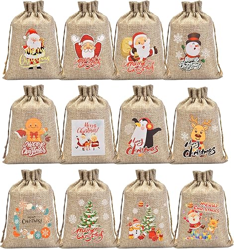 24 bolsas de arpillera de Navidad, 7 x 5 pulgadas, pequeñas bolsas de regalo de Navidad con cordones, bolsas de dulces de Navidad, bolsas de regalo