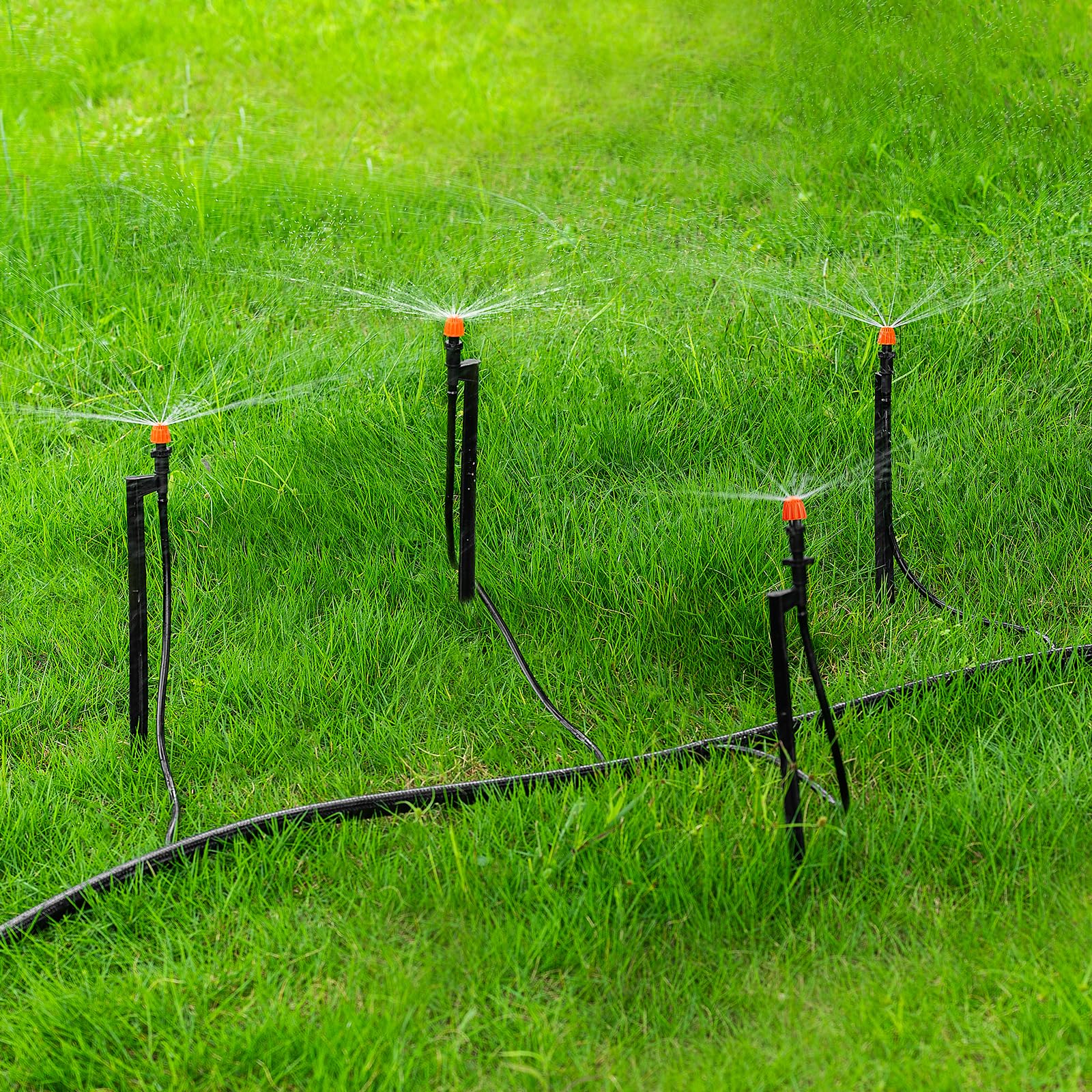 Emisores de riego por goteo con estacas: 10 juegos de pulverizadores de riego por goteo de 90/180/360 grados para sistema de riego de jardín de tubos de 1/4 pulgadas