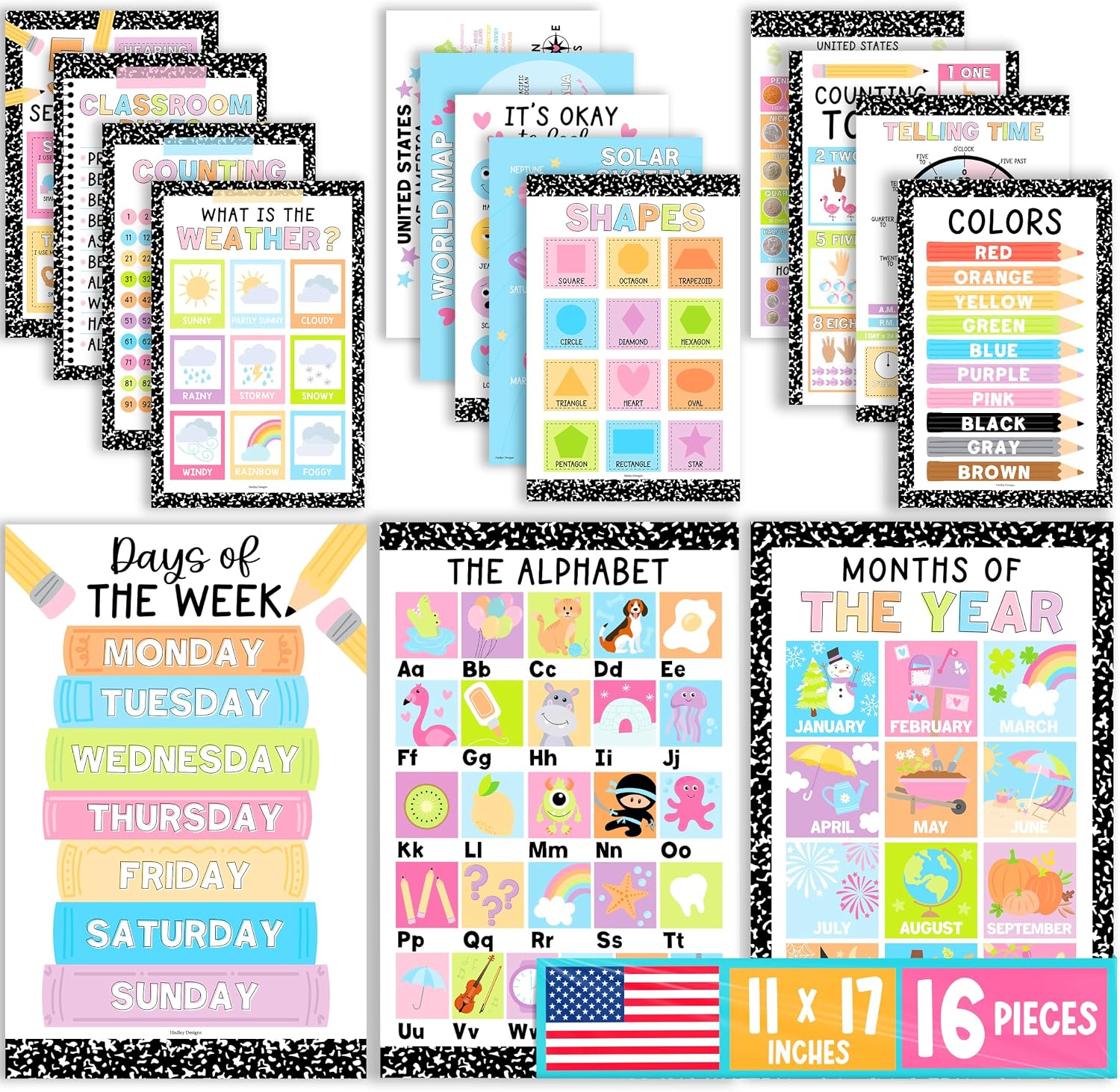 16 Laminated Toddler Learning Posters 1-3 for Preschool Classroom Decor