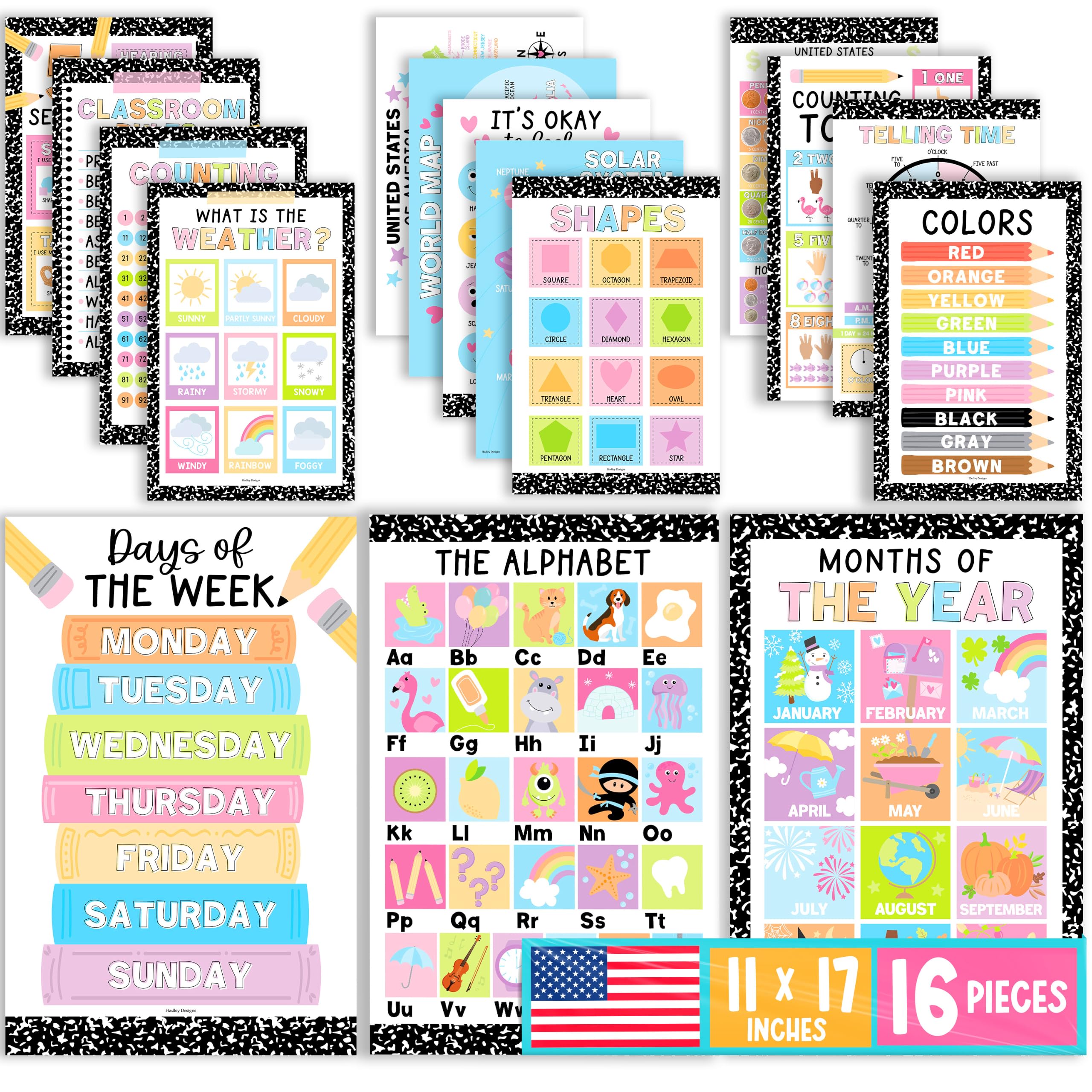 Hadley Designs: 16 affiches éducatives pour les tout-petits de 1 à 3 ans – Affiches éducatives pour enfants de 3 à 5 ans, tableau de l'alphabet pour salle de jeux, cours à domicile, crèches et