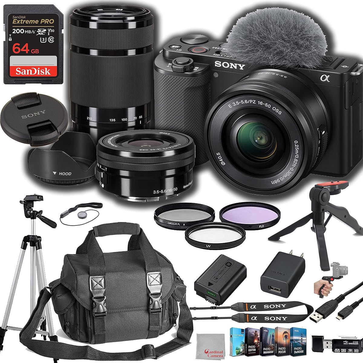 Cámara sin espejo Sony ZV-E10 con lentes de 16-50 mm + 55-210 mm, memoria de velocidad extrema de 64 GB, estuche. Trípode, filtros, parasol, empuñadura y kit de software profesional de edición de fotografías y vídeos