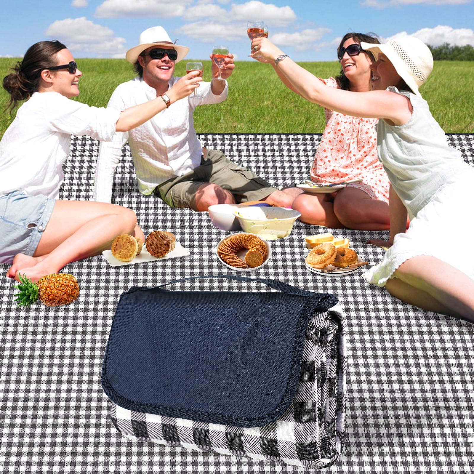 Coperta da Picnic Impermeabile 200x200 cm Blu Marino Lavabile Leggera con Manico