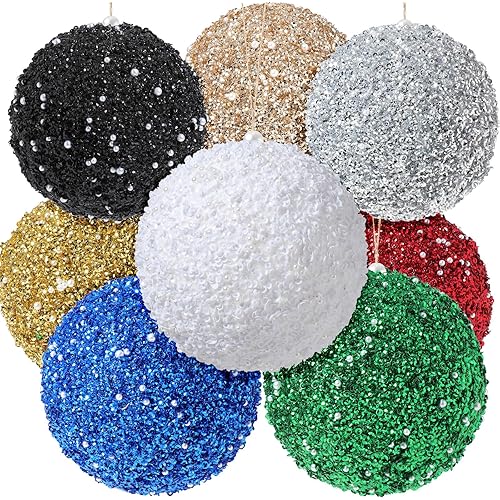 Liliful 8 Pcs Christmas Ball Ornaments Christmas Decorations Tree Balls Christmas Tree Ornaments Glitter Sequin Foam Ball Hanging Balls for Xmas Trees Wedding Holiday Party Decorations (4 Inch)