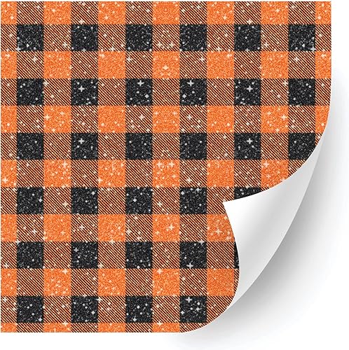 Vinilo de transferencia de calor con estampado de Halloween con purpurina (Buffalo Plaid Orange, 12 pulgadas x 3 yardas), vinilo para planchar,