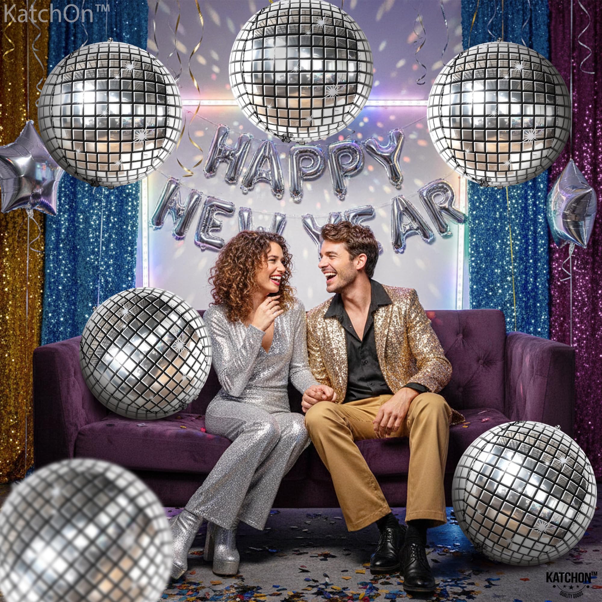KatchOn, Silver Disco Ball Balloons - Huge 22 Inch, Pack of 6 | 4D Sphere Balloons for Disco Party Decorations | Bachelorette, Birthday, Retro Party Decorations | New Years Decorations 2026