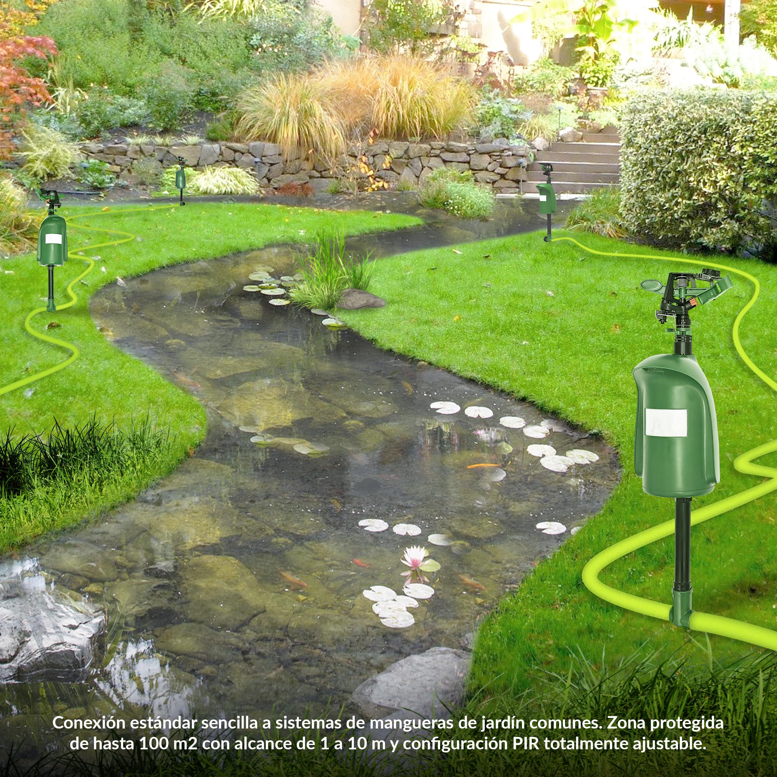 ISOTRONIC Repelente de Animales con Chorro de Agua — Ahuyentador de Gatos y Garzas con Detector de Movimiento 120° — Radio Ajustable para Jardín y Estanque — Defensa Eficaz (1 Unidad)