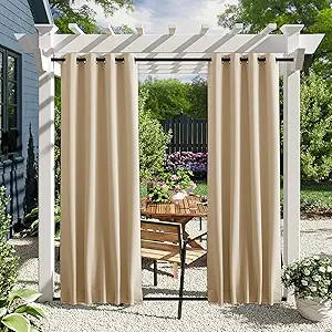 NICETOWN 2 Panels Outdoor Patio Curtains Windproof & Waterproof, Top & Bottom Grommet & Back Tab Light Blocking Drapes Keep Privacy for Yard/Porch with Ropes for Fixed, Biscotti Beige, W46 x L72