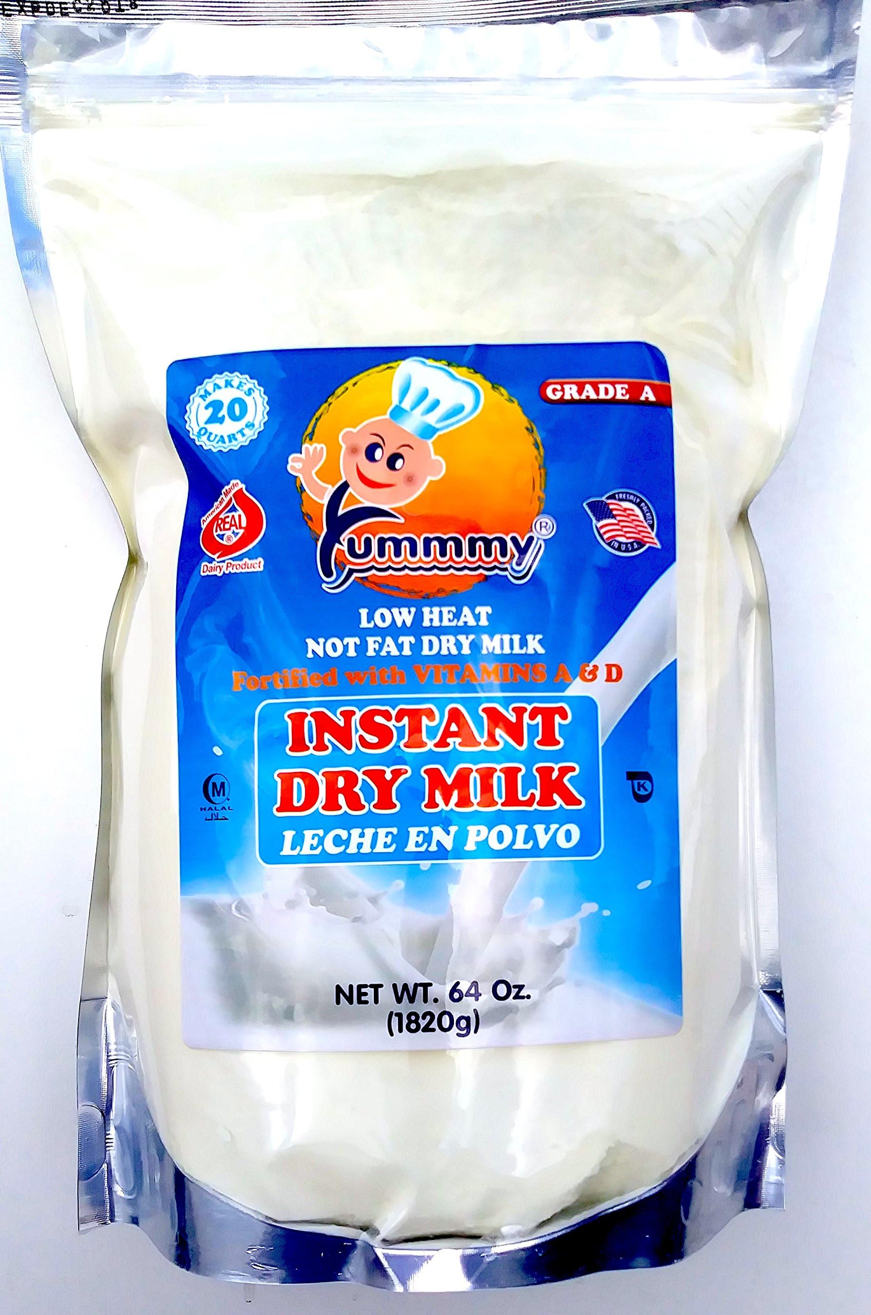Yummmy Instant Dry Milk 4 Lbs (64 Oz.), Low Fat, Make 20 Quarts, (5 Gallons) Kosher and Halal Certified, Made in USA