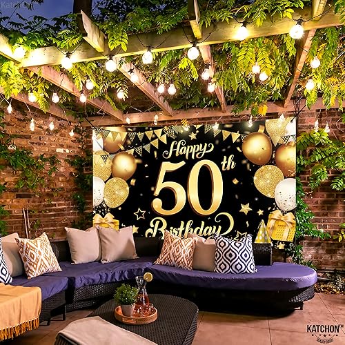Miniatura 6 de KatchOn, Fondo de feliz cumpleaños 50, grande, 72 x 44 pulgadas, decoraciones de cumpleaños 50 negro y dorado | Cartel de feliz cumpleaños 50 para