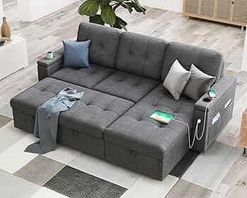 84 Inch Sleeper Sofa Bed, Tufted Pull Out Sofa Bed with 2 USB Ports & Cup Holders, L Shape Sectional Sofa Bed with Storage Chaise- Dark Grey