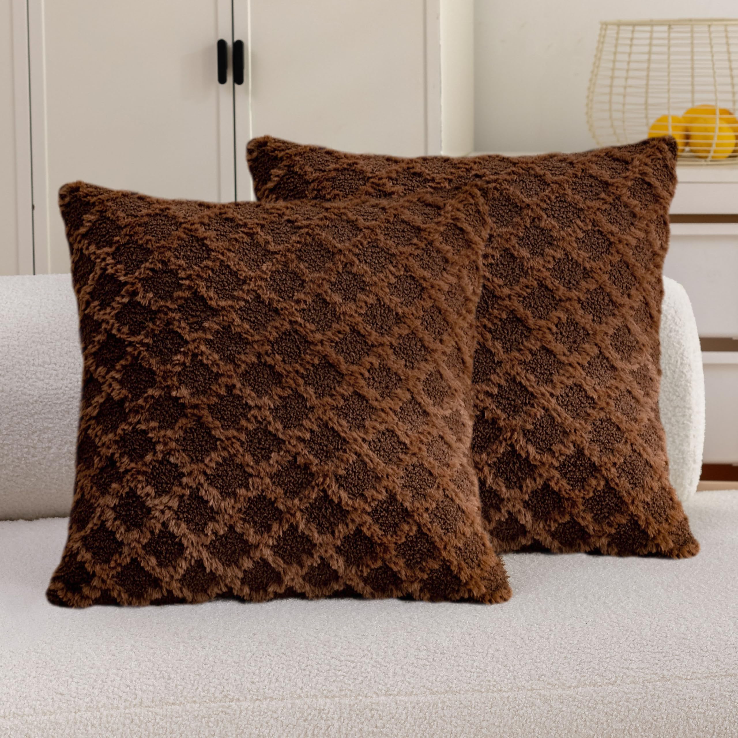 Home Brilliant Set of 2 Super Soft Fluffy Cushion Covers 45cm x 45, Plush Cushion Covers for Couch Bedroom Living Room Decor Dark Brown