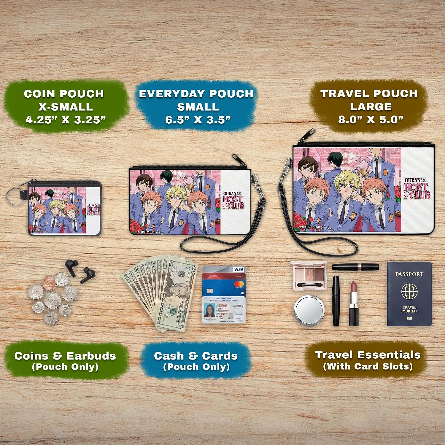 Buckle-Down Ouran High School Host Club Wallet, Zip Pouch, Ouran High School Host Club Group Pose and Title Logo, Canvas