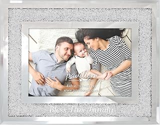 Pavilion Gift Company - Bless This Family Picture Frame, Glass Frame with Clear Crystal Accents, Rhinestones Photo Gift For Wedding, Anniversary, Family Reunion Decor, Overall Size: 7.25” x 9.25"