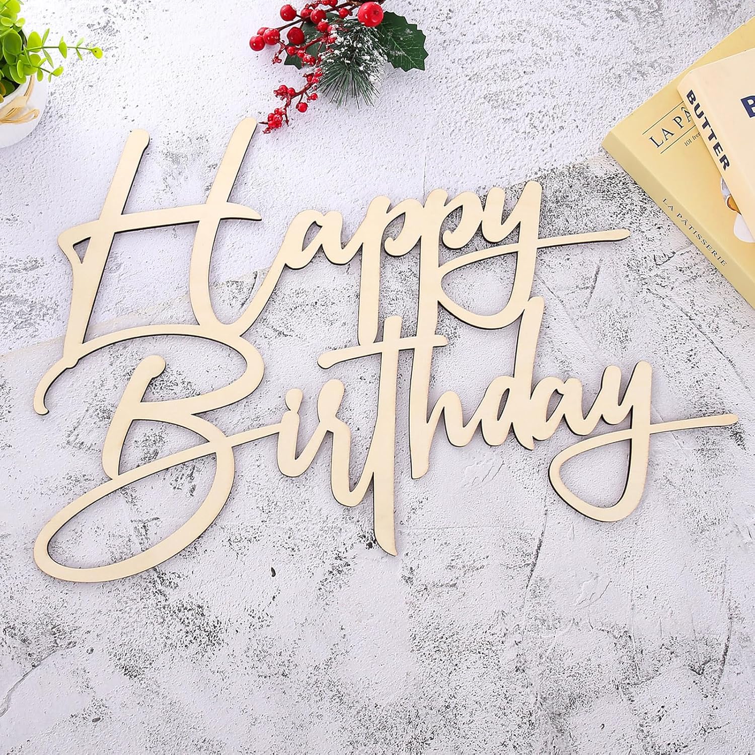 Wooden Happy Birthday Background Sign - Happy Birthday Unfinished Large Wood Sign Decorations, Home Door Wall Birthday Party Decor Photo Props (Wooden Happy Birthday Background 2)