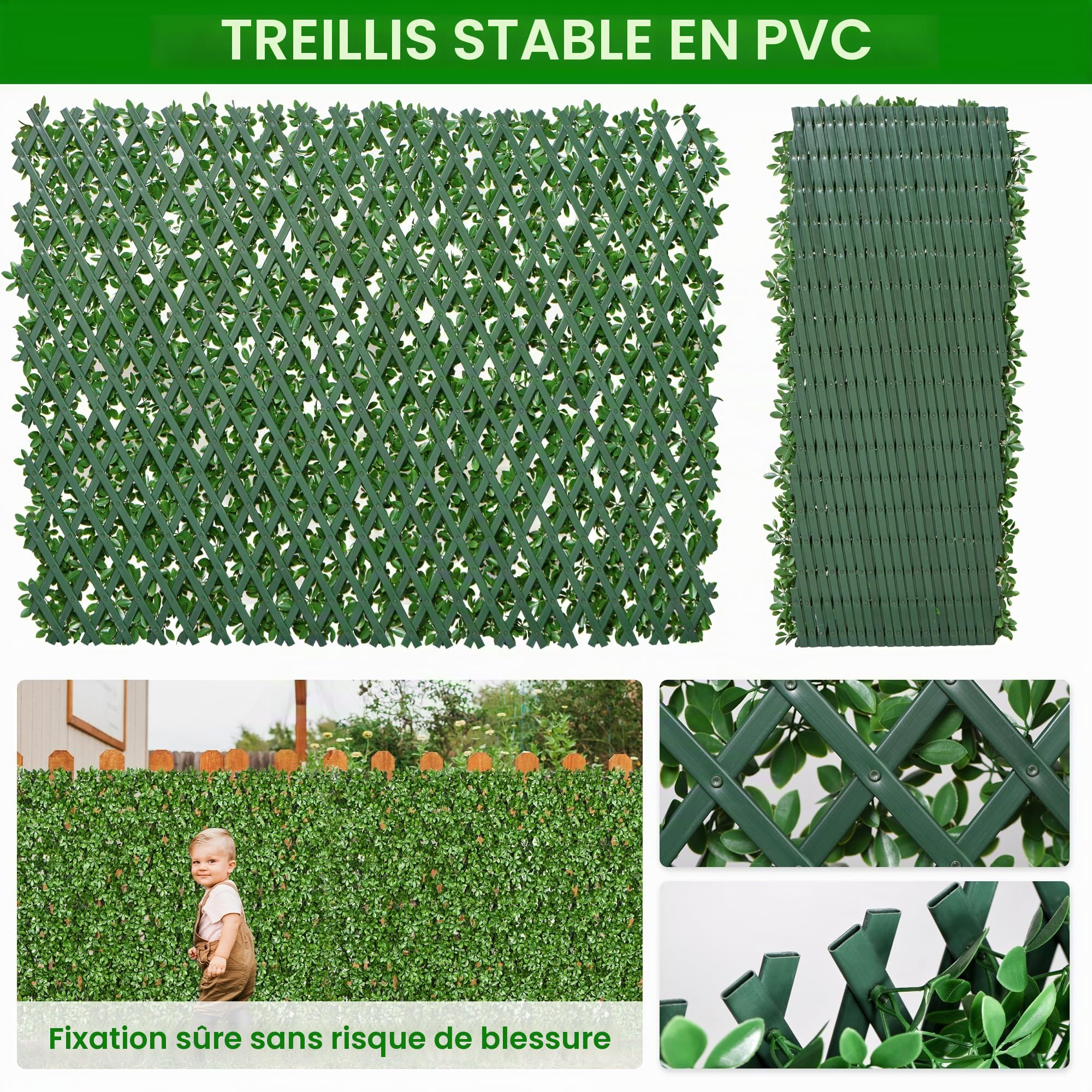 jarolift Mur Végétal Artificiel Brise-Vue Verdissement Balcon Clôture de Jardin, Convient également aux Murs Intérieurs, avec Treillis, Feuilles de Gardénia, 200 x 100 cm