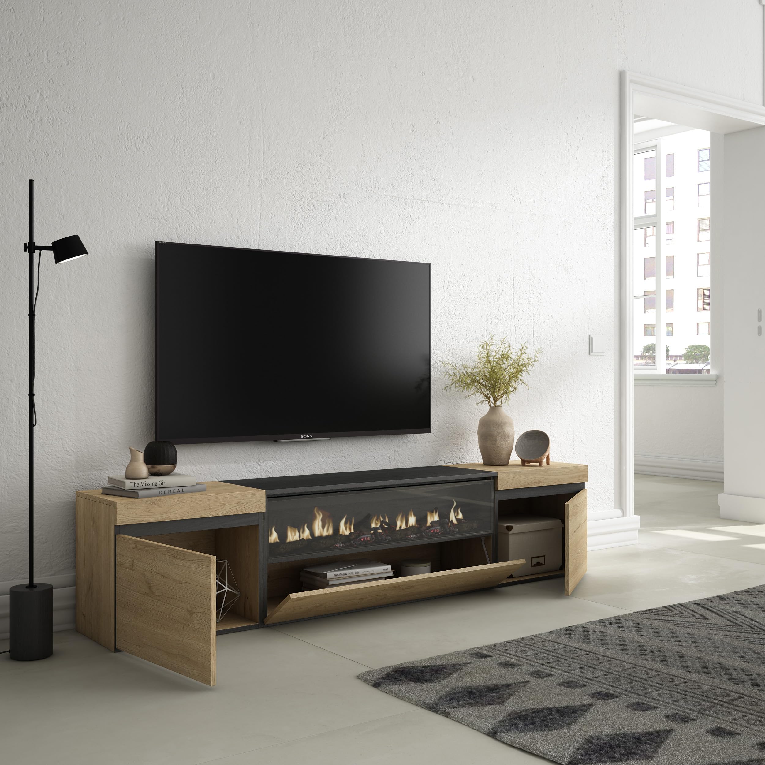 Skraut Home | Mueble TV | Televisión | Muebles de salón, almacenaje | 200x45x35cm | para TV hasta 80" | Chimenea eléctrica | Estilo Moderno | Roble y Negro