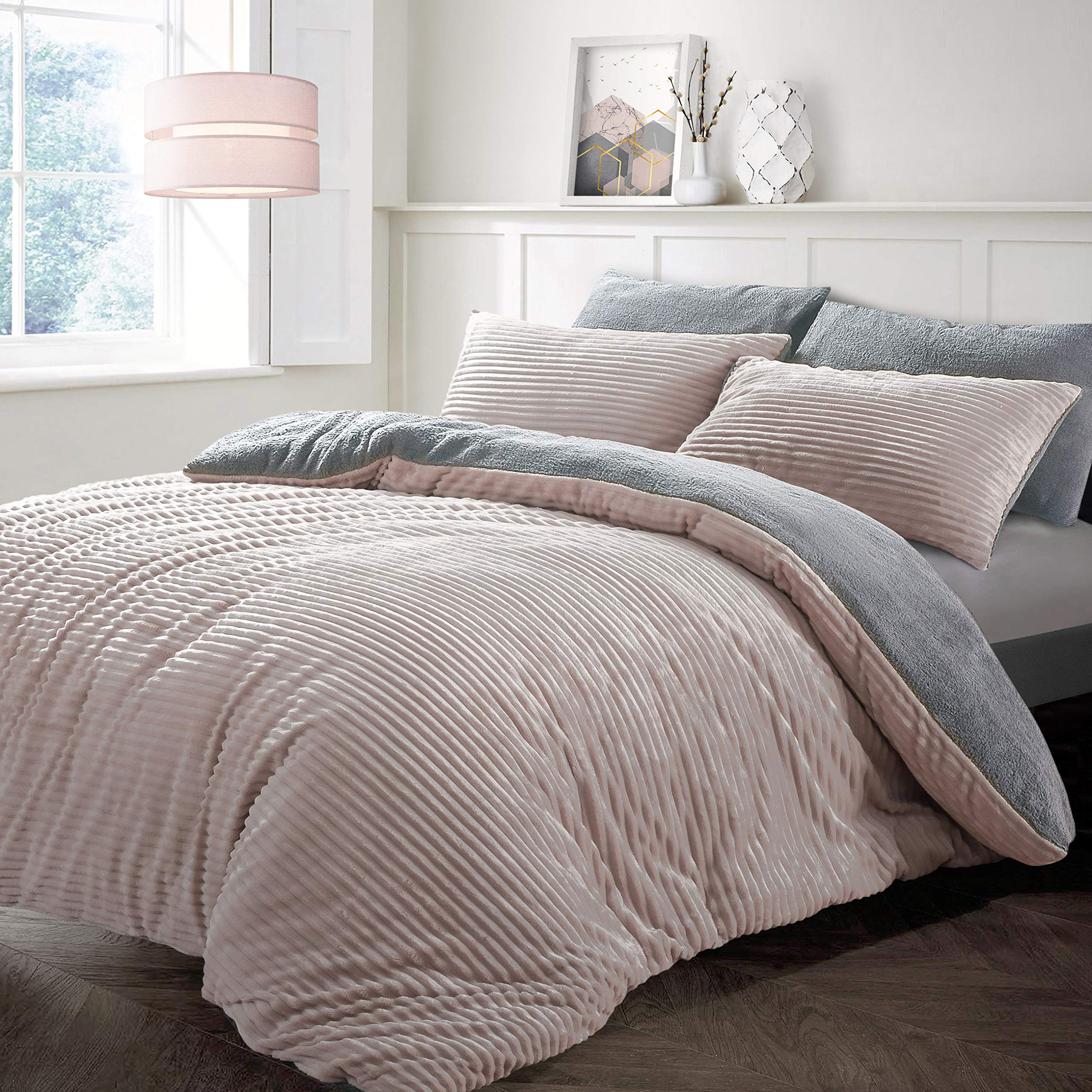 Velosso Teddy Chunky Cord Plush Cosy Reversible Corduroy Fleece Duvet Cover Quilt Bedding Set with Pillow Case Thermal Warm Fluffy Super Soft (Pink/Silver, King) โ image 1