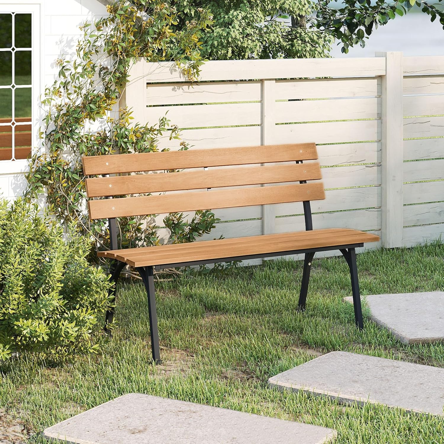 Tangkula Acacia Wood Outdoor Bench with Backrest, Patio Loveseat with Heavy Duty Metal Frame, Slatted Backrest and Seat, Park Bench for Outside Front Porch, Garden and Backyard