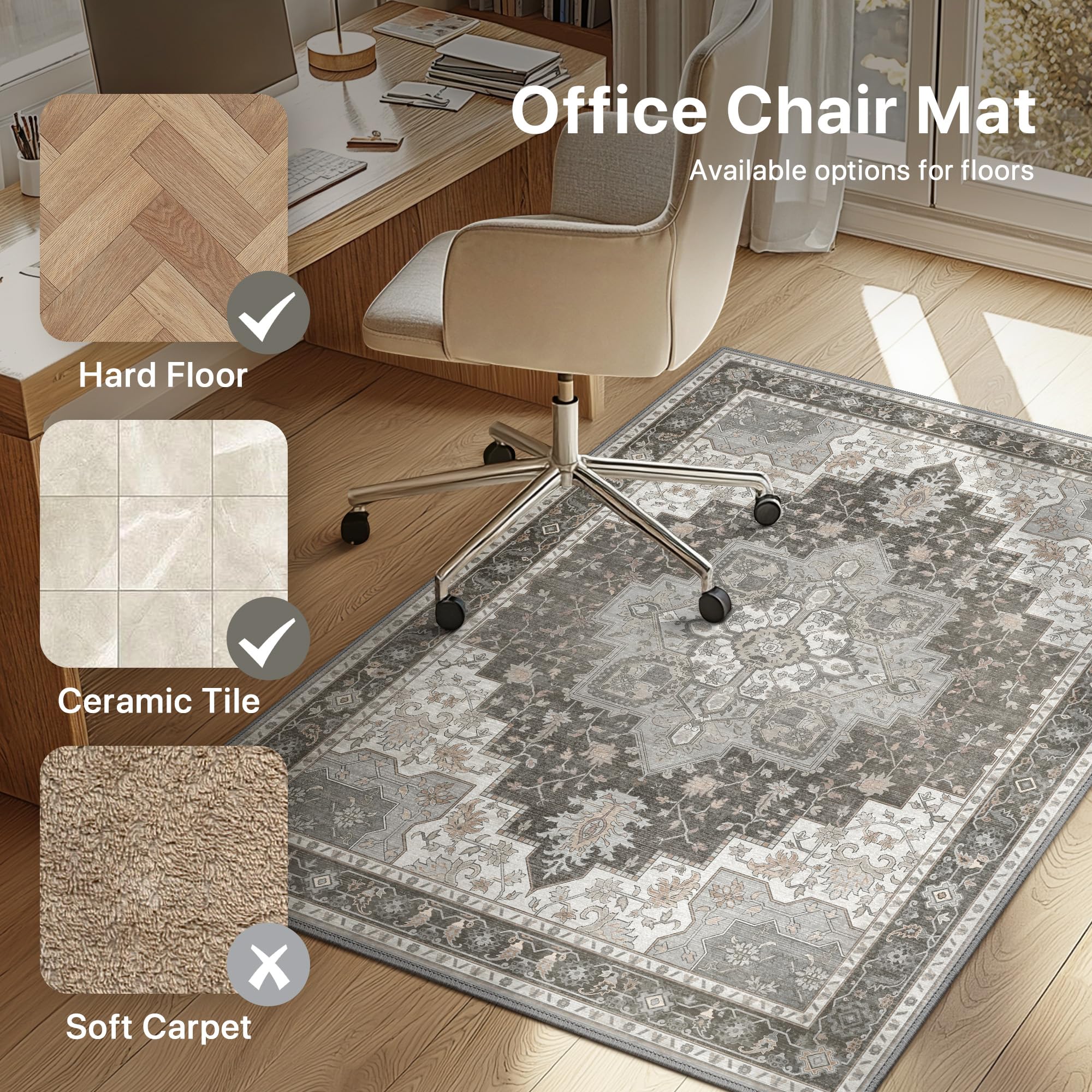 Tapete para Silla de Oficina de 48 x 60 Pulgadas para Suelo de baldosas de Madera Dura, Protector de Alfombra Debajo del Escritorio para Silla de computadora, Alfombra de área Lavable a máquina