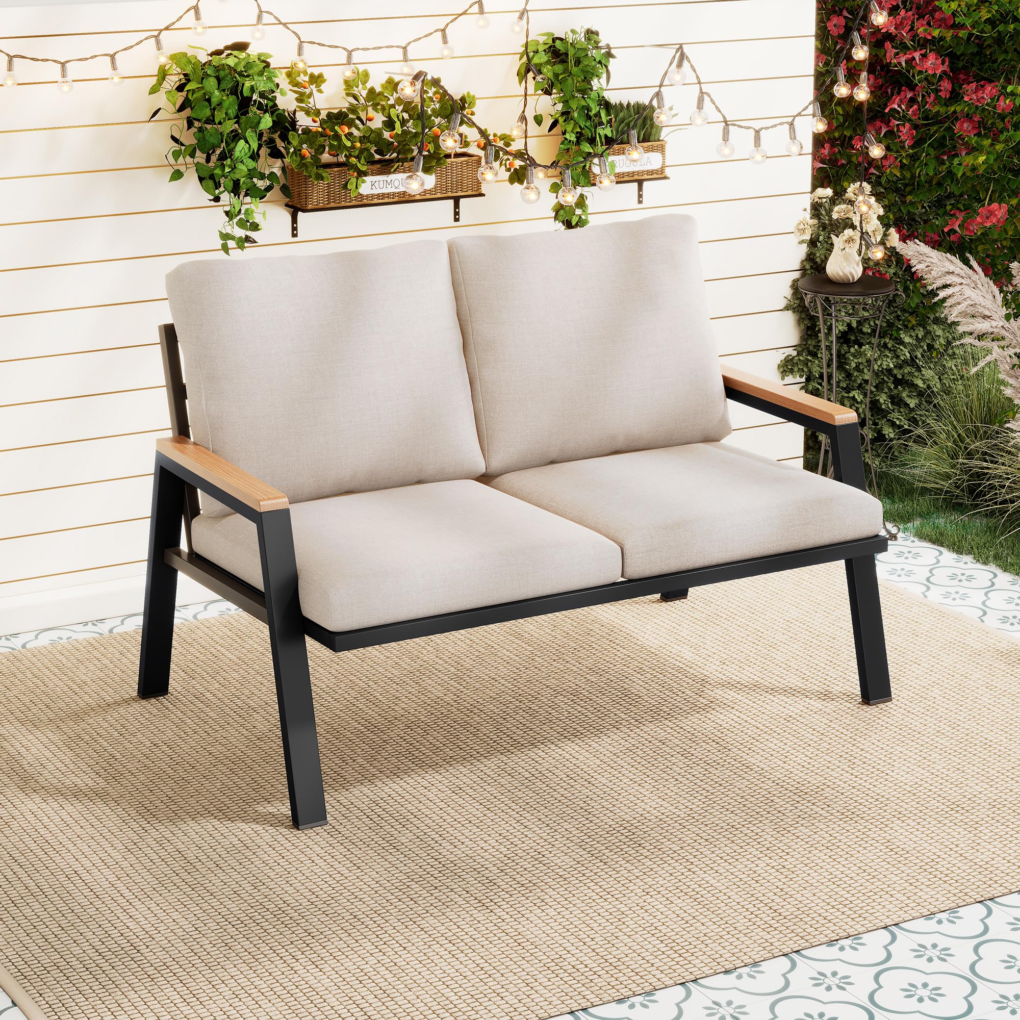 Lounge Möbel Outdoor, 2-Sitzer Garden Sofa mit verzinkter Stahl, Industriestil Balkonlounge Sofa mit Handläufe aus Holz-Kunststoff-Verbundwerkstoff, Grau+Beige