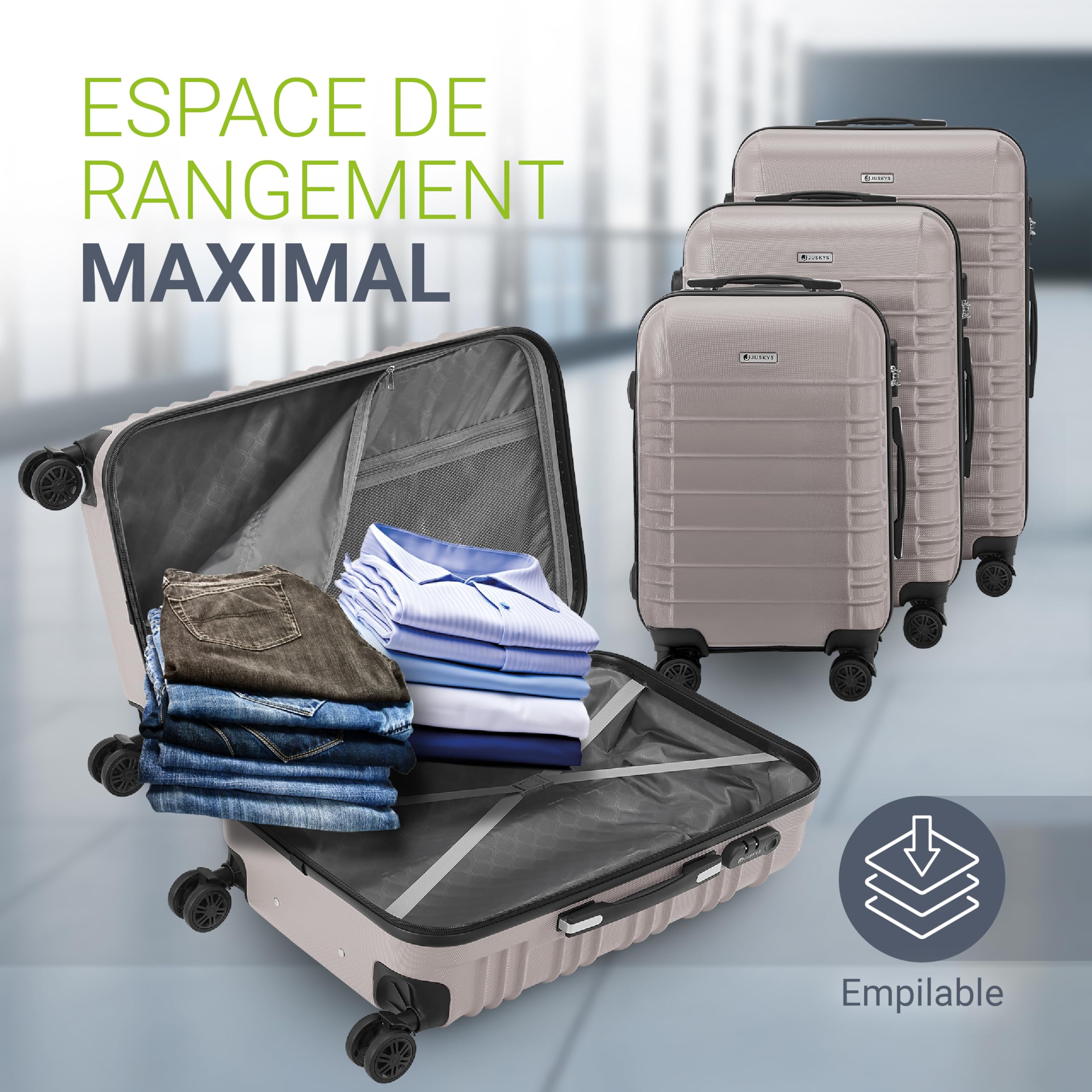 Juskys Set valises rigides 3 pièces – Valises de Voyage avec roulettes 360°, Serrure à Code, poignée télescopique – ABS – Champagne