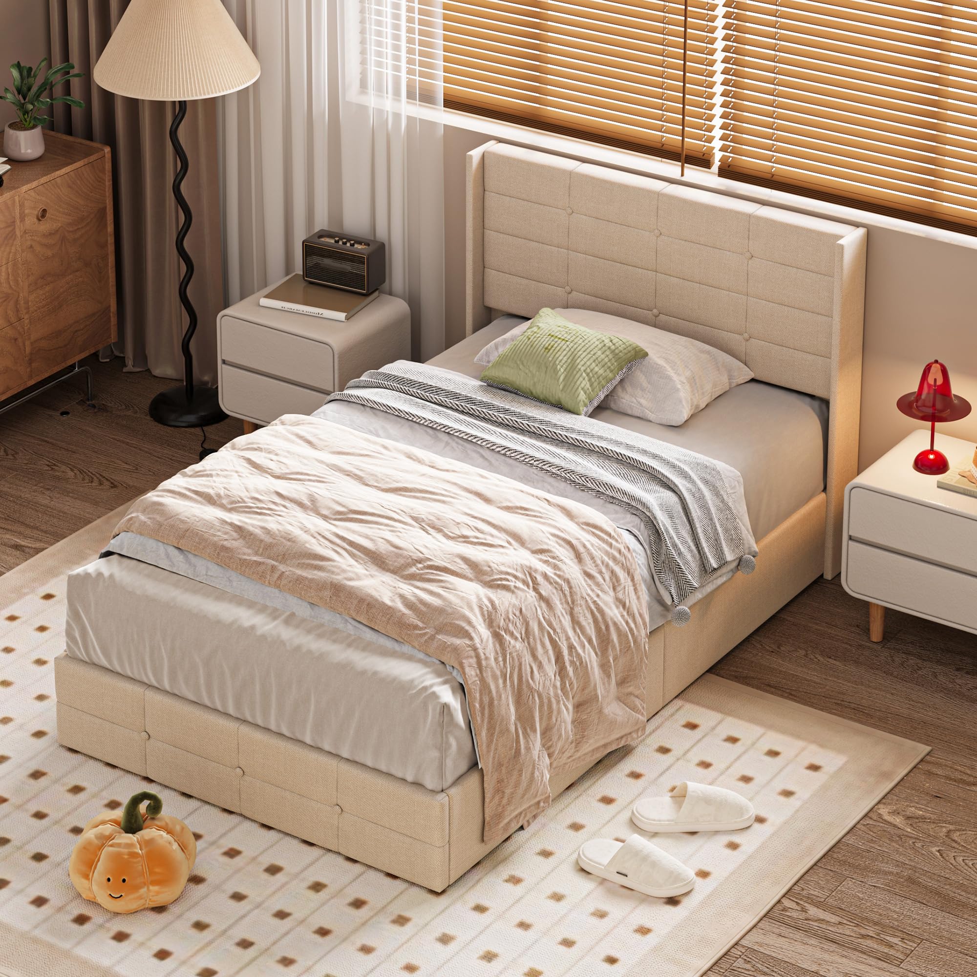 Letto contenitore idraulico 140 x 200CM, letto matrimoniale imbottito con testiera e contenitore, giroletto con rete a doghe, letto per ragazzi, senza materasso (Beige, 120X200)