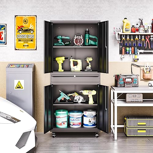 Miniatura 2 de Armario de almacenamiento de metal con cerradura, armario de almacenamiento de garaje con estantes y cajones ajustables, archivador lateral con