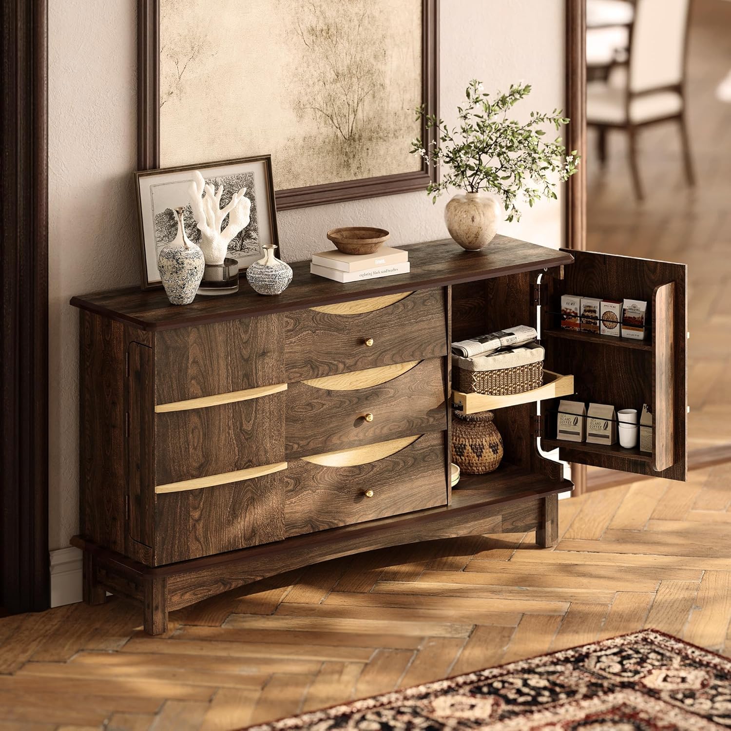 Buffet Cabinet, Large Sideboard Buffet Storage Cabinet with 3 Drawers, Coffee Bar Station with Solid Wood Handle and 2 Doors，Concealed Storage Shelves & Sliding Tray for Kitchen, Dining Room