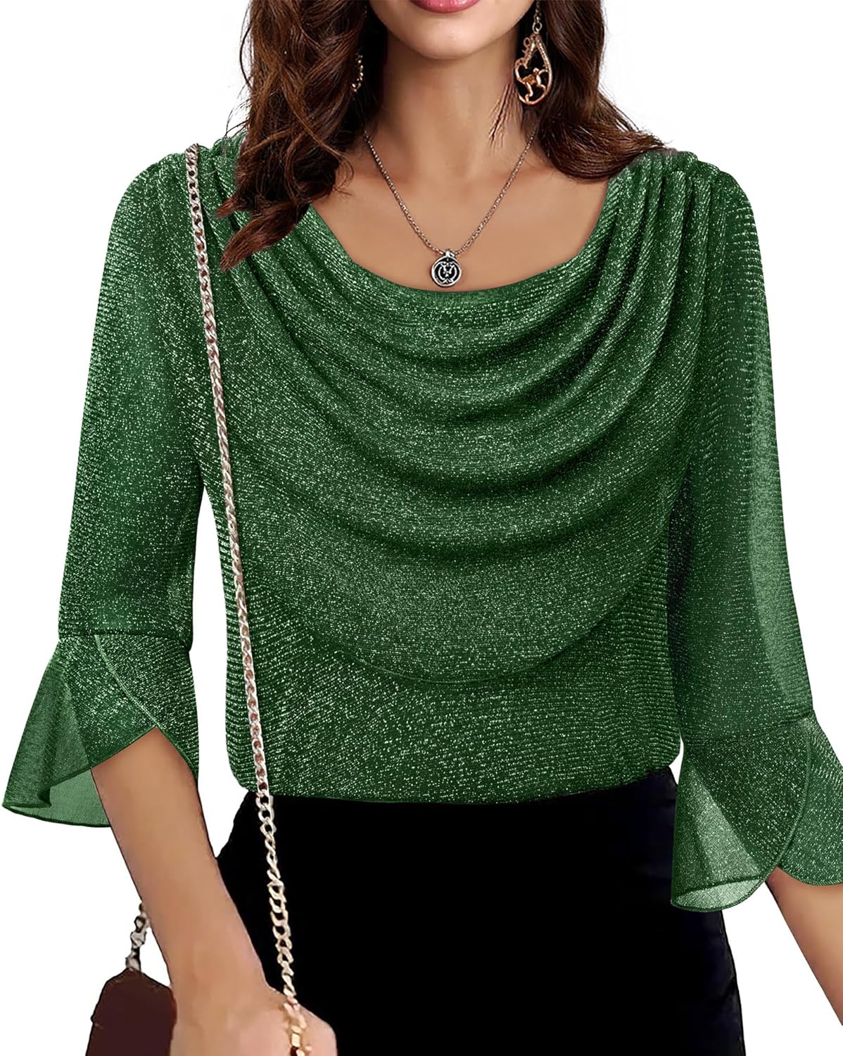 Lotusmile Blouses for Women Dressy Casual 3/4 Sleeve Cowl Neck Sparkly Tops Cocktail Shirts for Evening Party - Image 4