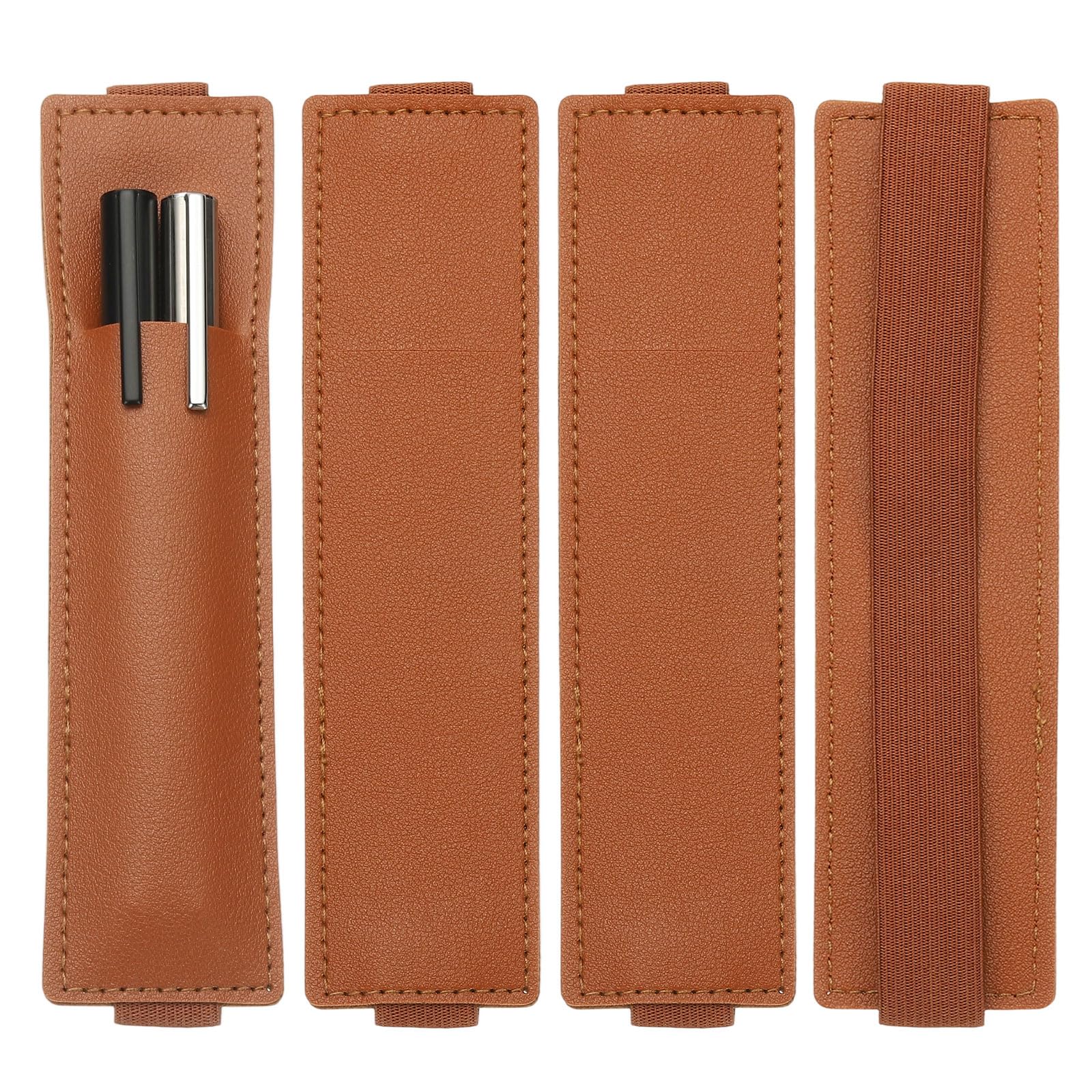 PATIKIL 4Pcs Elastic Notebook Pen Holder, Adjustable Hold 2 Pen Holder PU Leather Pencil Sleeve Pouch for Journal Clipboard Planner Books, Brown