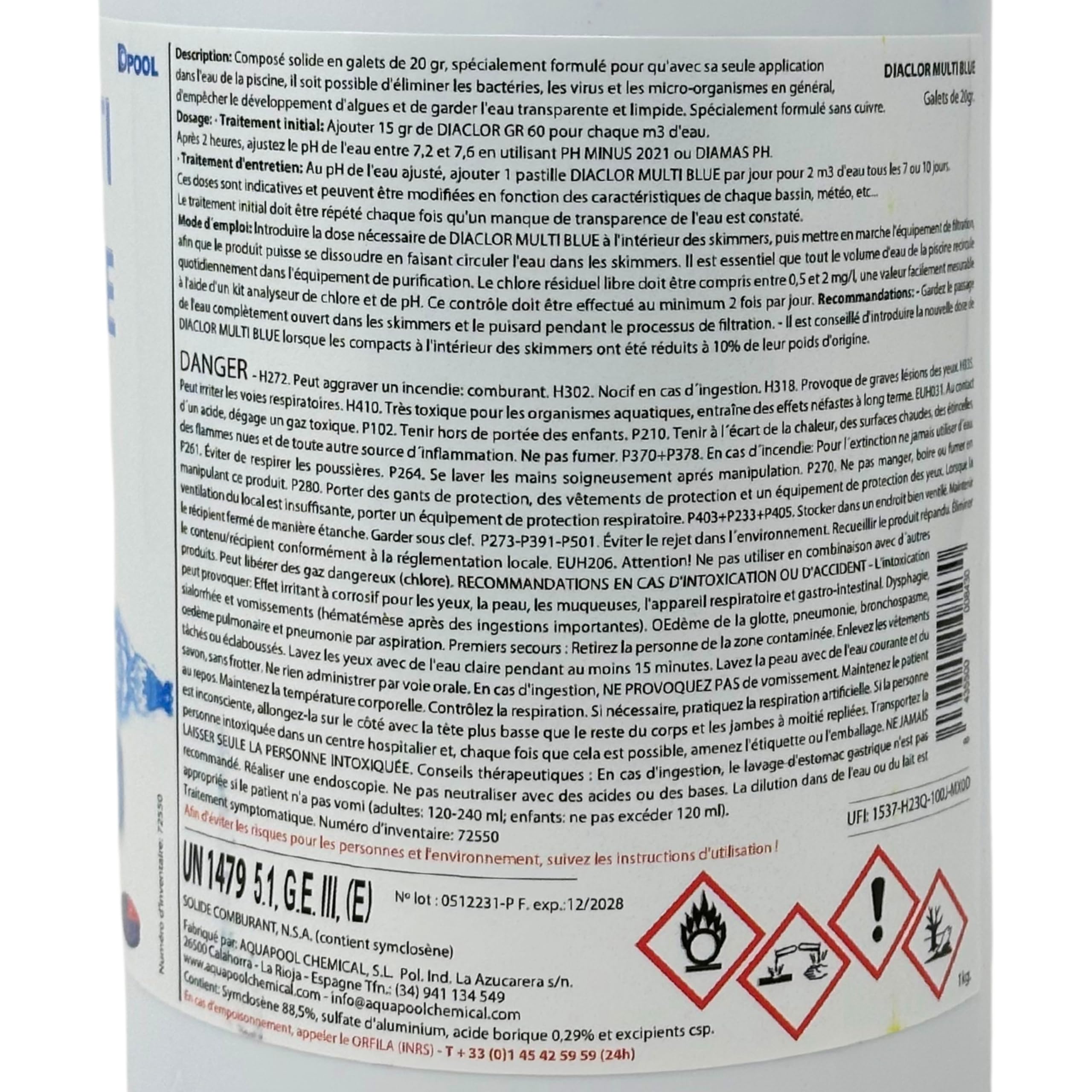 Chlore Multi Blue Pastilles de 20g Multifonctions - Traitement Tout-en-Un pour Piscine - Désinfectant, Algicide, Stabilisant, Clarifiant - Maintient l'eau Transparente et cristalline (1KG)