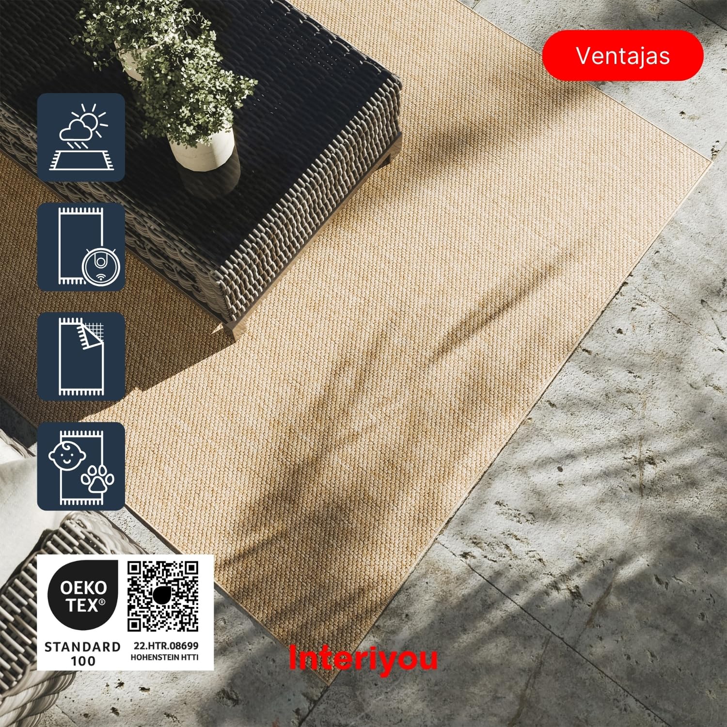 Interiyou Alfombra Exterior Asti - 200x300 cm Beige - Apariencia de Yute - Resistente a los Rayos UV para Exteriores: balcón, terraza, jardín o Cocina - Tejido Plano