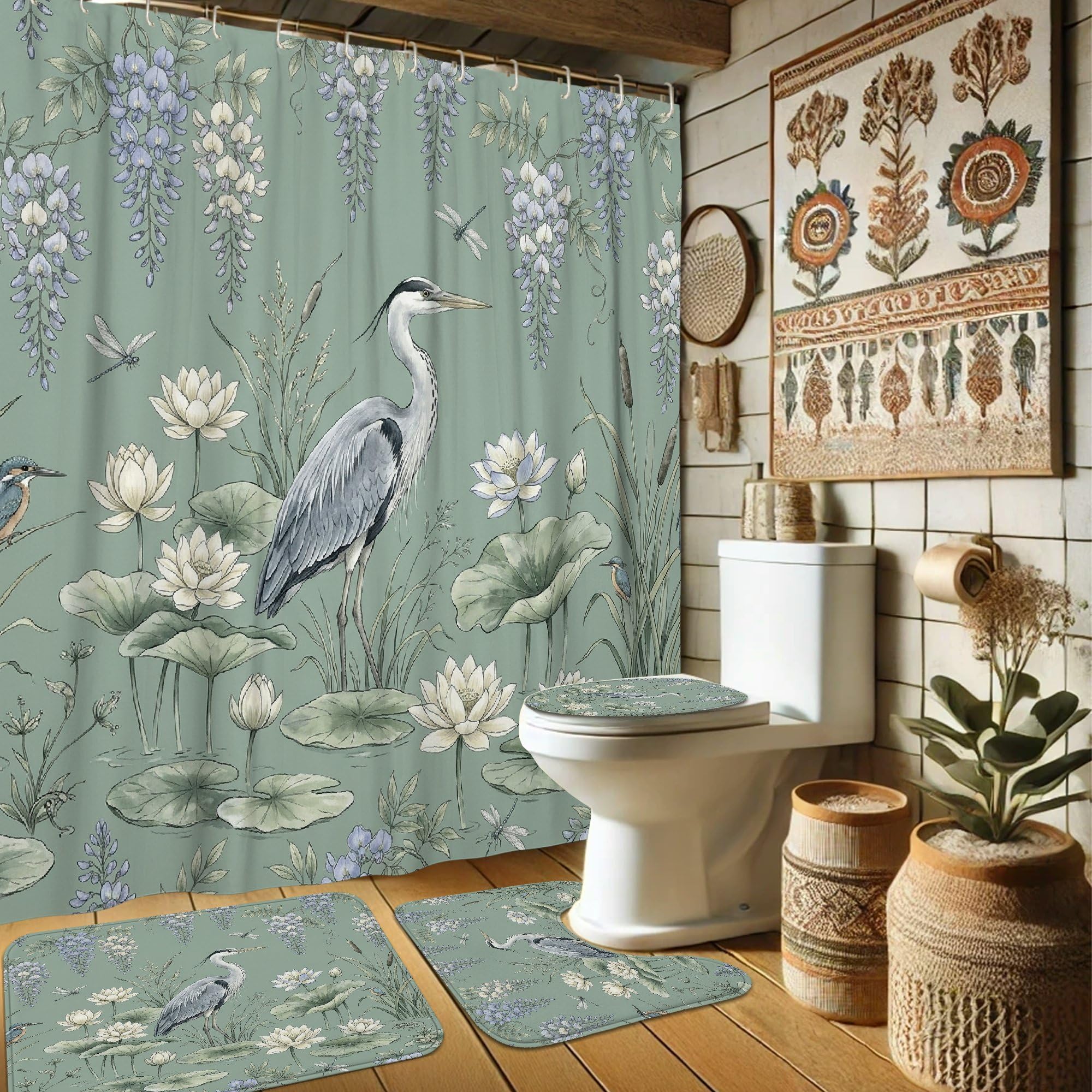 Rideau de douche en tissu imperméable 183x183 cm avec tapis de bain vert fleurs de nénuphar