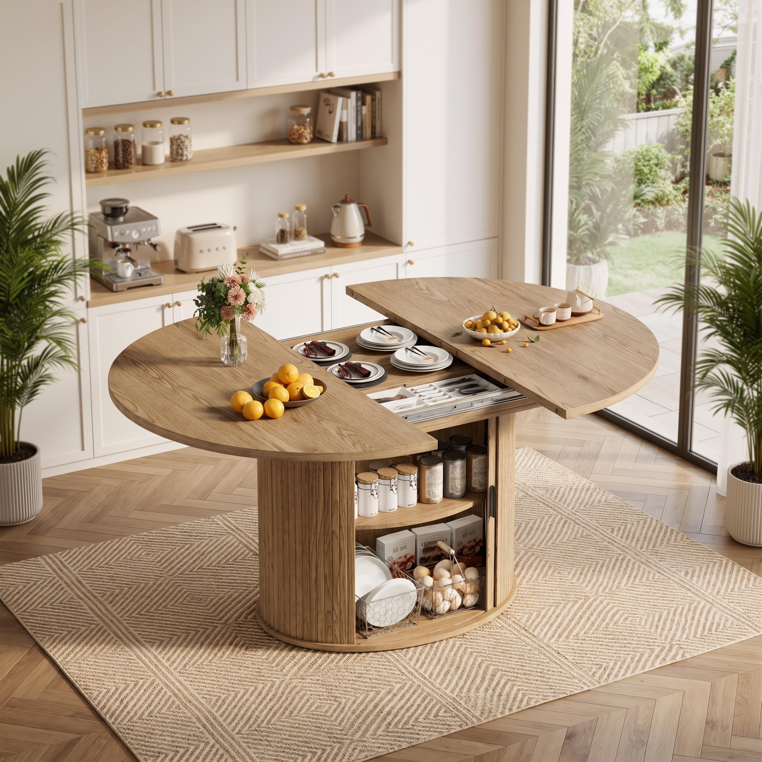 MSFE Esstisch Ausziehbar mit Verstecktem Stauraum Runder Esstisch für 4-8 Personen Moderne Esszimmertisch aus Holz mit 2-lagigem Lagerregal und Schiebetür für Esszimmer Wohnzimmer 110-150x110x75CM