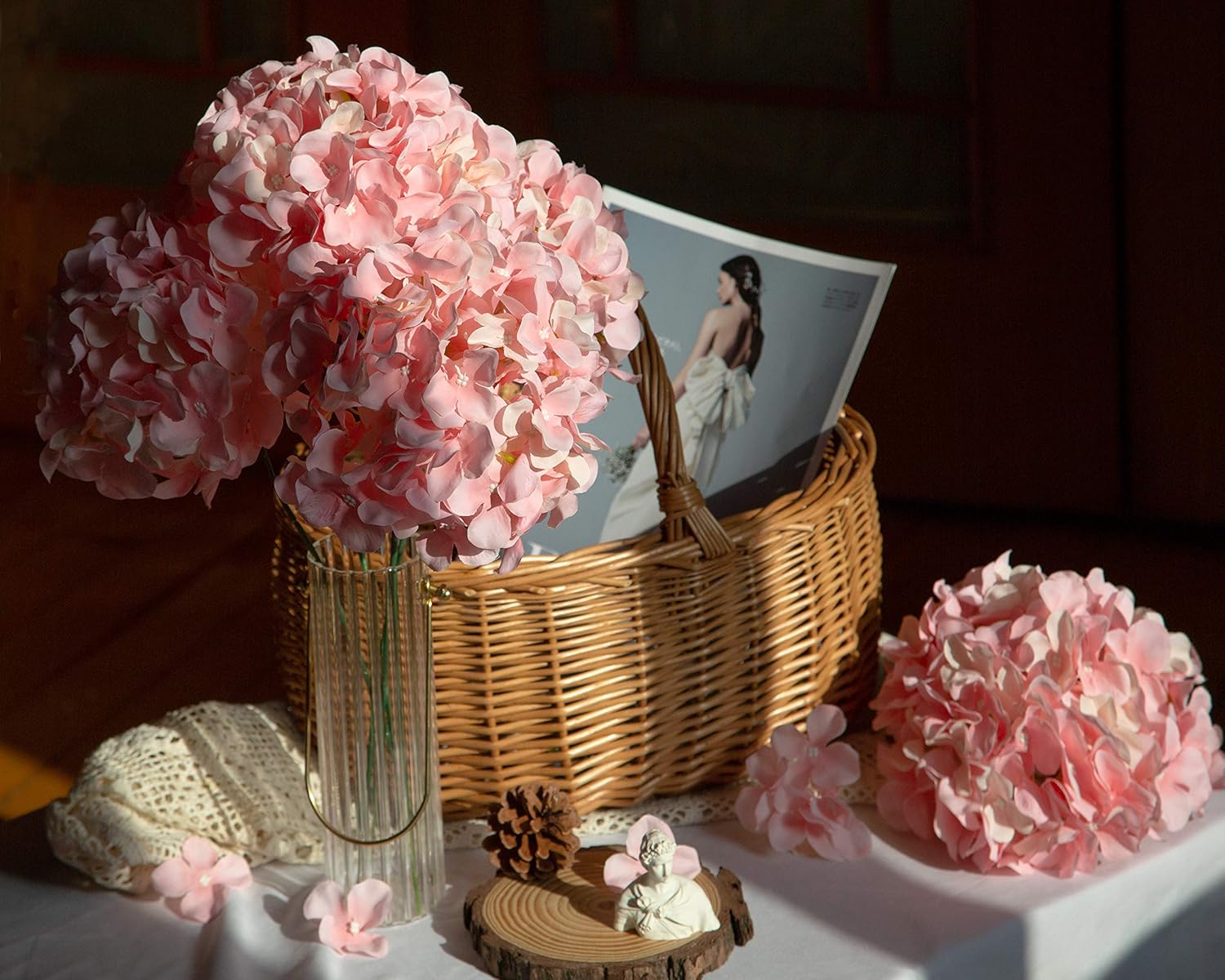 DuHouse Hydrangea Silk Flowers Artificial Flowers with Stem Fake Flower Heads for Wedding Centerpiece Home Decor Pack of 6 (Pink) - Image 3