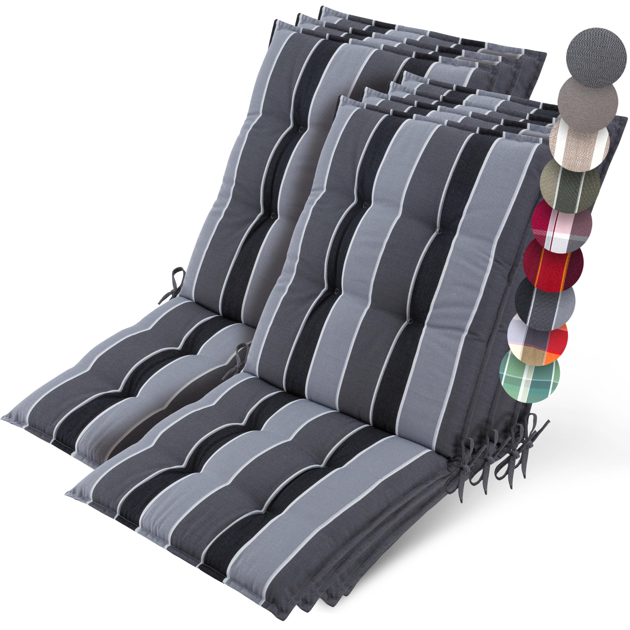 Beautissu Set of 7 Premium Outdoor Chair Cushion Low Back 100x50 cm - UV 8 cm Thick Padding Seat Cushions for Garden Chairs Non-Slip Fastening Straps - Anthracite Striped - Sun-HL
