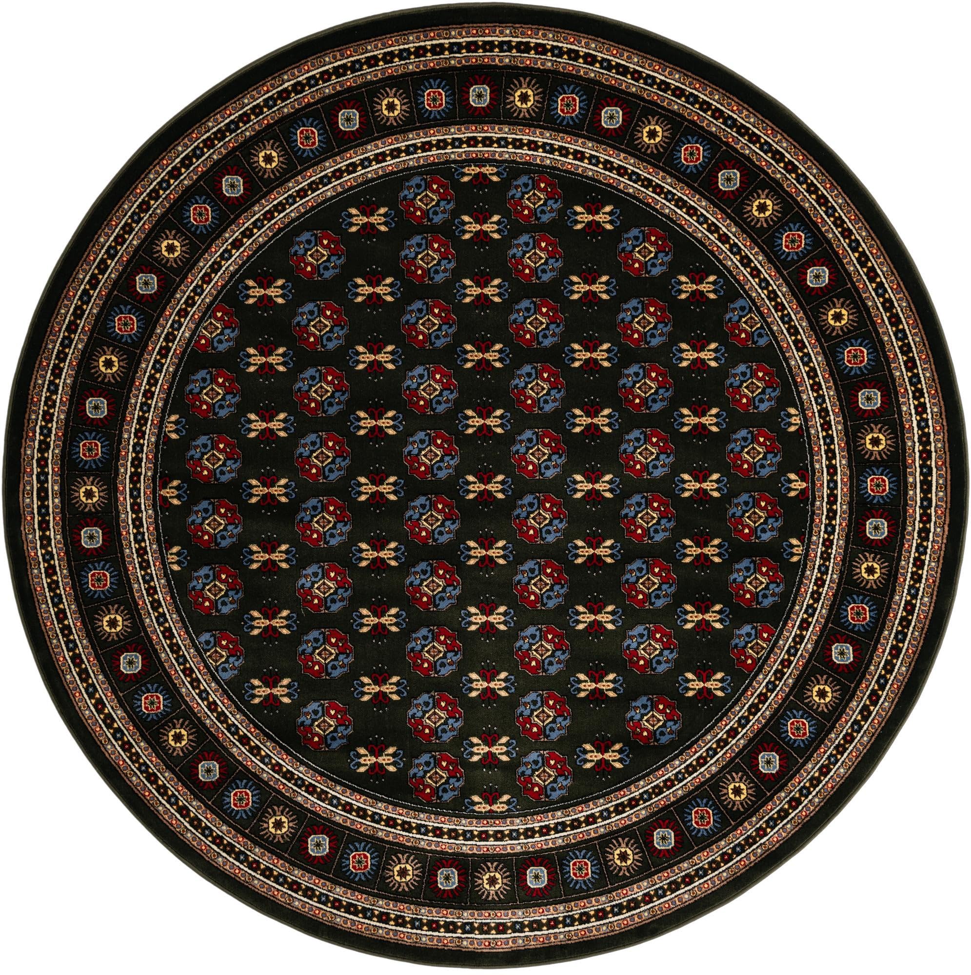 Rugs.com Bokhara Collection Rug – 8 Ft Round Dark Green Medium-Pile Rug Perfect for Kitchens, Dining Rooms