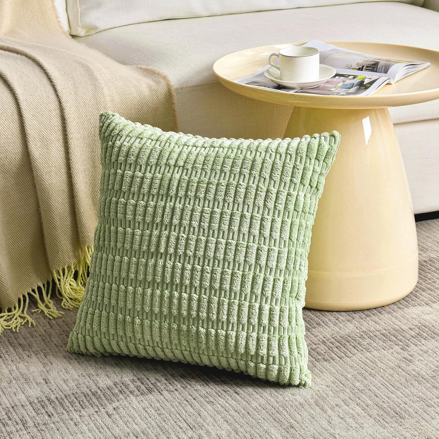 Fancy Homi Set of 4 Summer Boho Decorative Throw Pillow Covers 18x18 Inch for Couch Bed Sofa, Sage Green Yellow Room Decor, Soft Fuzzy Fluffy Cozy Corduroy Textured Cushion Case 45x45cm - Image 2