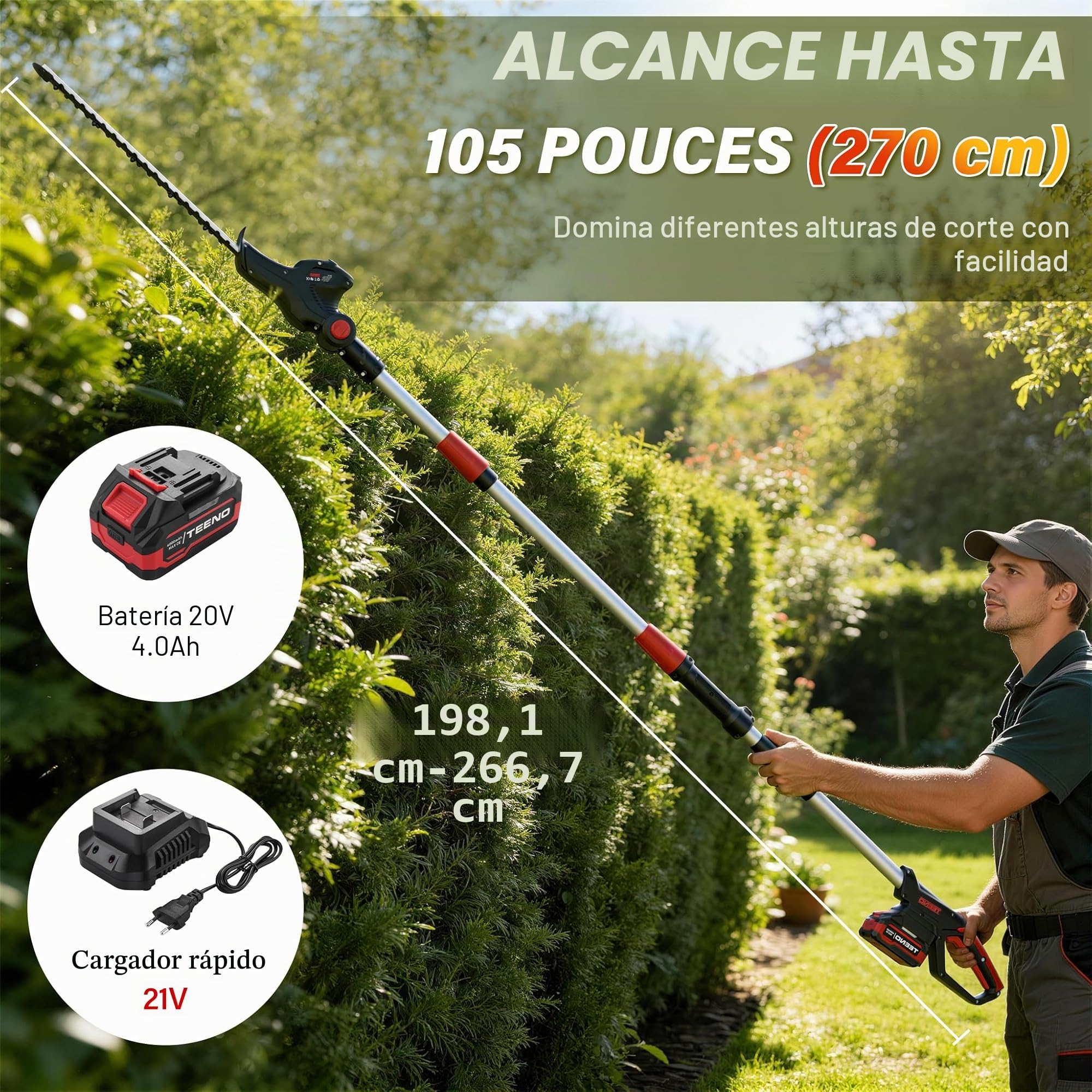 2 en 1 Motosierra Batería & Sierra y Cortasetos Pértiga a Batería ，con Correa Hombro, Barra Sierra 20 cm,Cortasetos 42 cm y Cuchillas Doble Acción, Incluye batería de 20V 4.0Ah