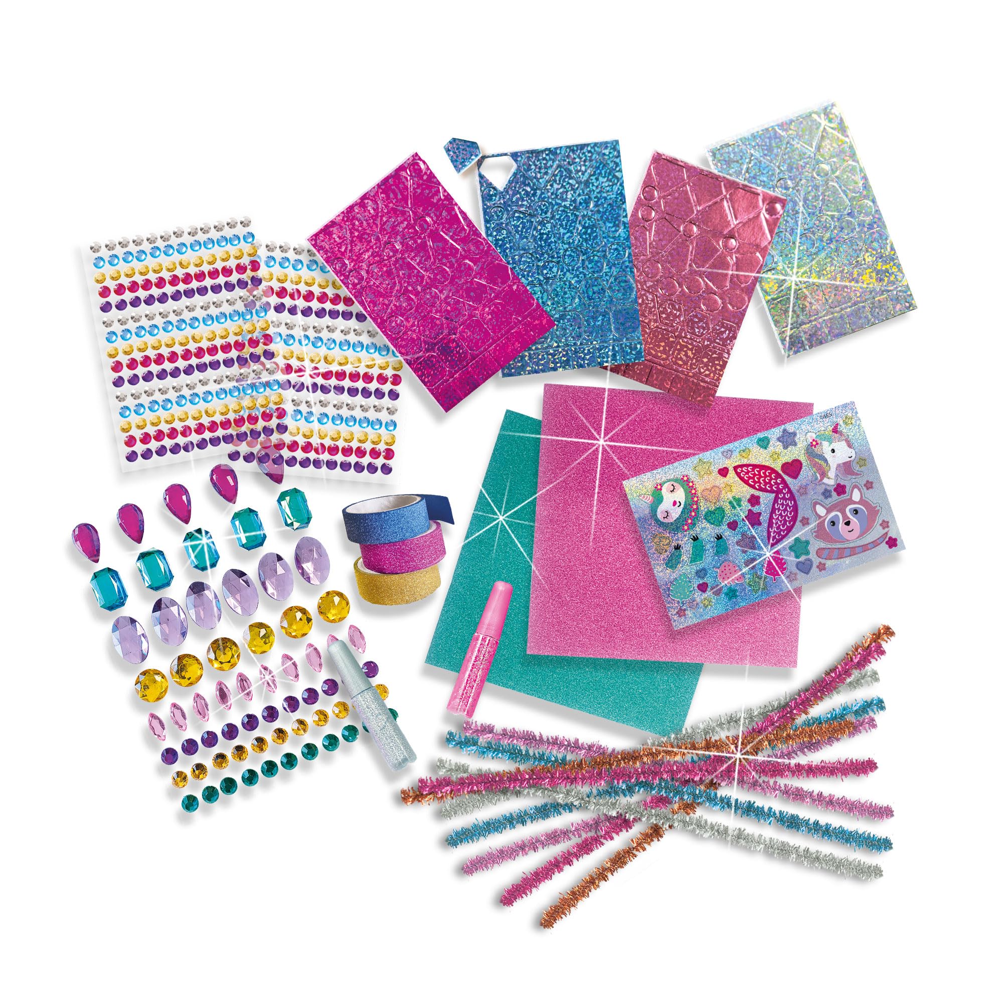 SES Creative 14139 Glitter Mega Craft Box - Kreatywny zestaw do majsterkowania dla dzieci w wieku 5+ - zawiera 65 naklejek diamentowych XL, 360 okrągłych naklejek diamentowych