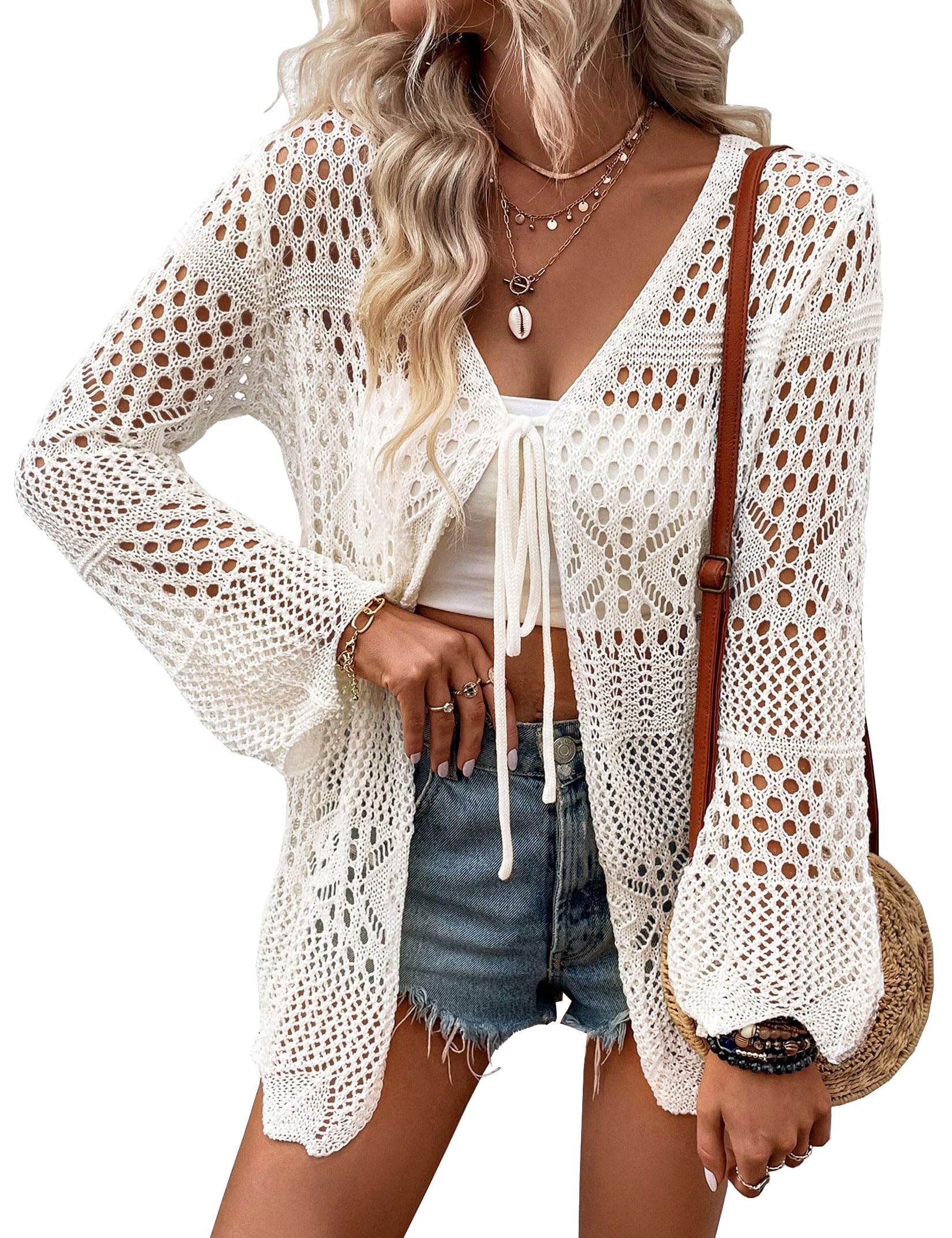Women Crochet Cardigan Lightweight Tie Front Hollow Out Long Sleeves Summer Knit Cover Cardigans