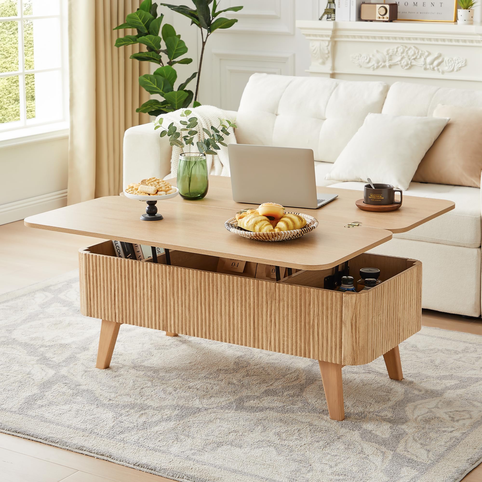 3-in-1 Lift Top Coffee Table with Storage, Natural Wood