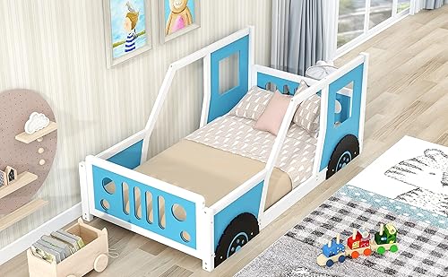 Miniatura 83 de Cama de plataforma en forma de auto de carreras con ruedas, cama de plataforma de madera tamaño individual con barandilla, cama de plataforma para