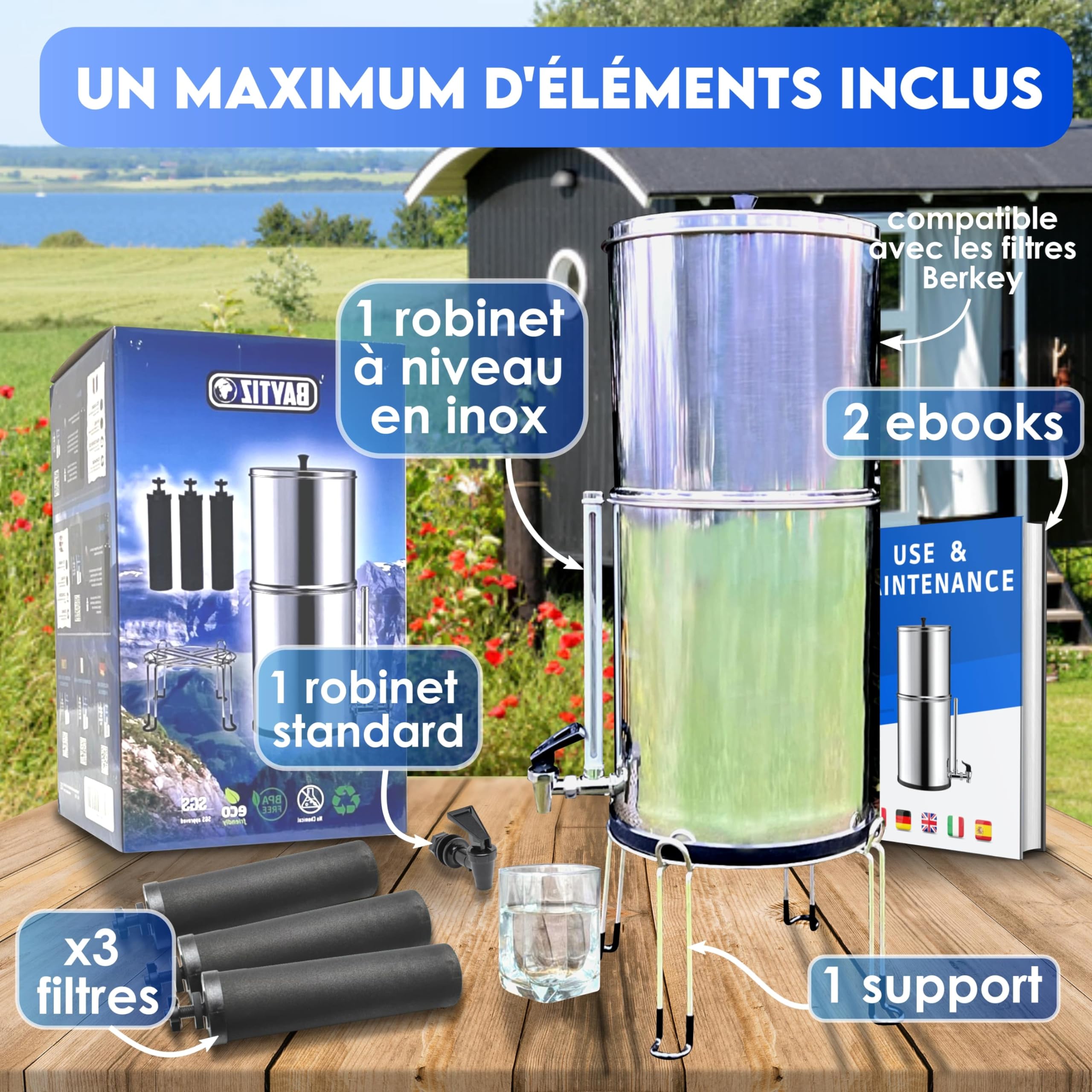 BAYTIZ ® Purificateur d'Eau à Gravité 8.5 Litres - Filtre à eau Robinet & Pluie au Charbon Actif compatible Berkey - Fontaine à Eau Filtrante Camping & Survie Distributeur Filtres Cuve British Water